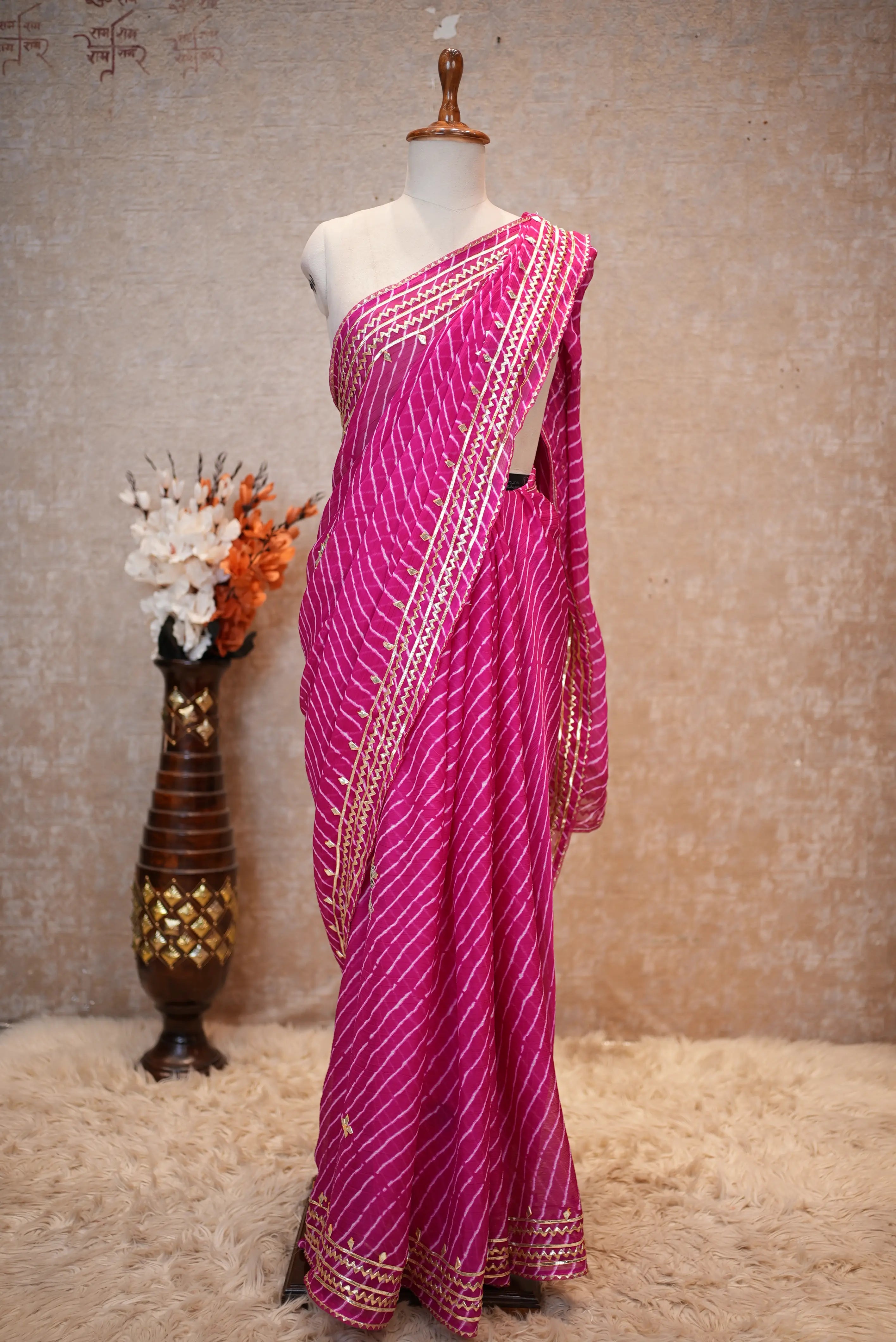 Rajasthani Traditional Leheriya Saree With Kacchi Gota Patti Work (With Blouse)