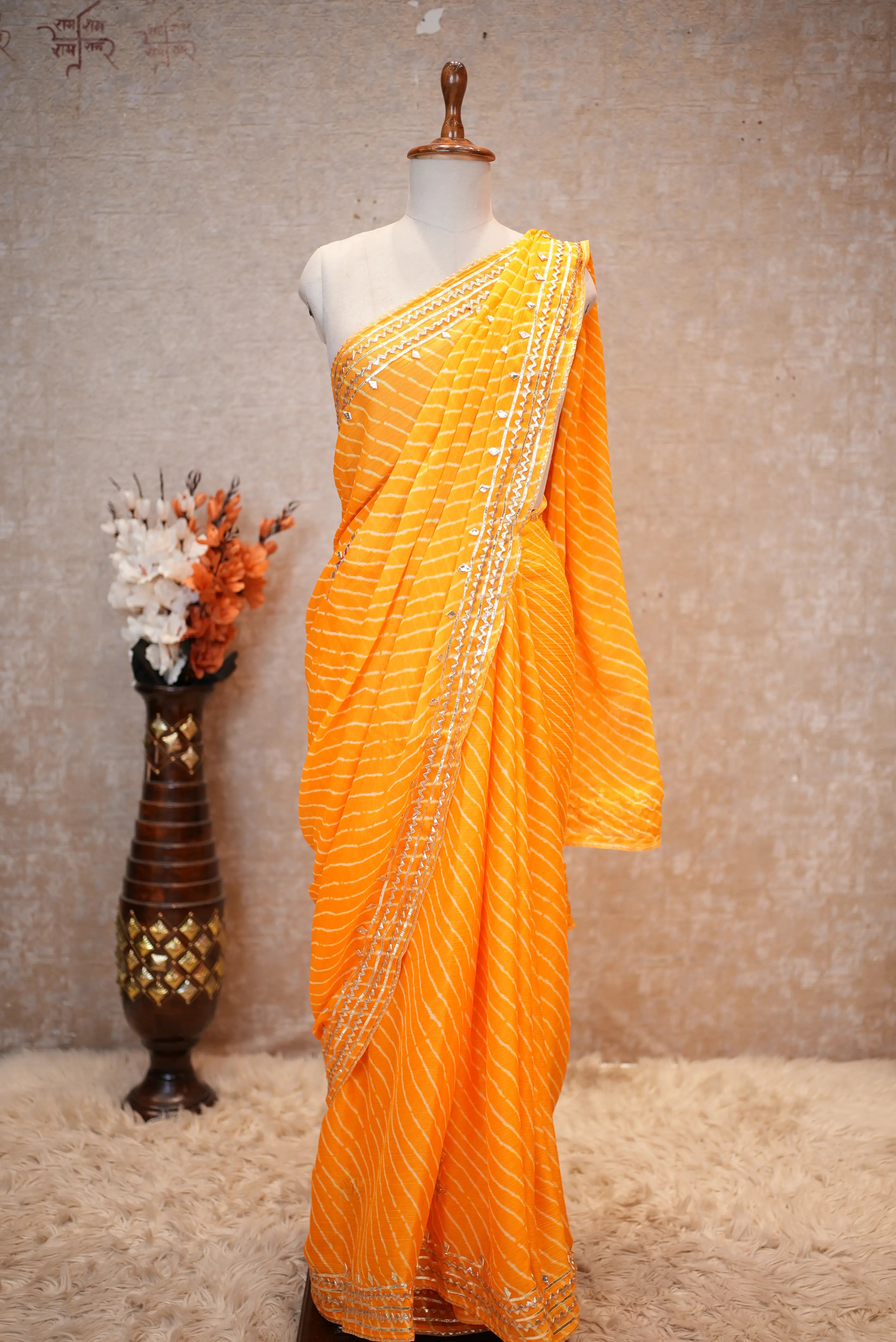 Rajasthani Traditional Leheriya Saree With Kacchi Gota Patti Work (With Blouse)
