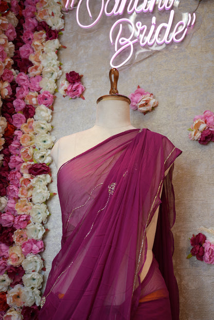 ROYAL CHIFFON FABRIC SAREE WITH LINING PATTERN CUTDANA HANDWORK (WITH CONTRST RED BLOUSE)   ##SR475