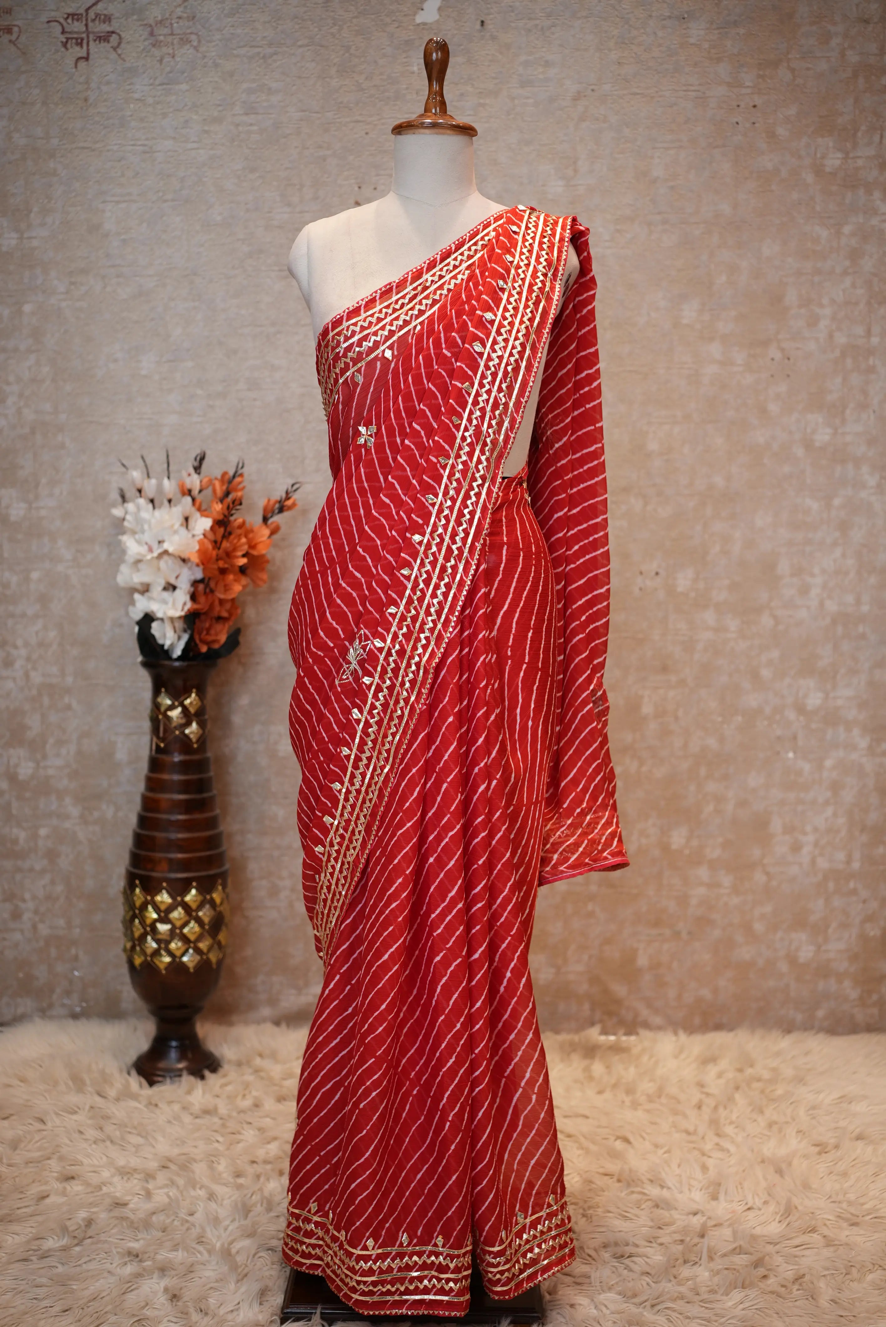 Rajasthani Traditional Leheriya Saree With Kacchi Gota Patti Work (With Blouse)