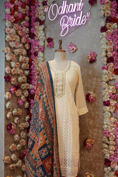 3-PIECE SUIT WITH EMBIORDERY WORK IN OFF WHITE COLOUR WITH DUPATTA ##SP0103