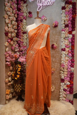 ROYAL GEORGETTE FABRIC VINTAGE WORK SAREE WITH BORDER PATTERN AARI TARRI WORK (WITH BLOUSE) ##SR481