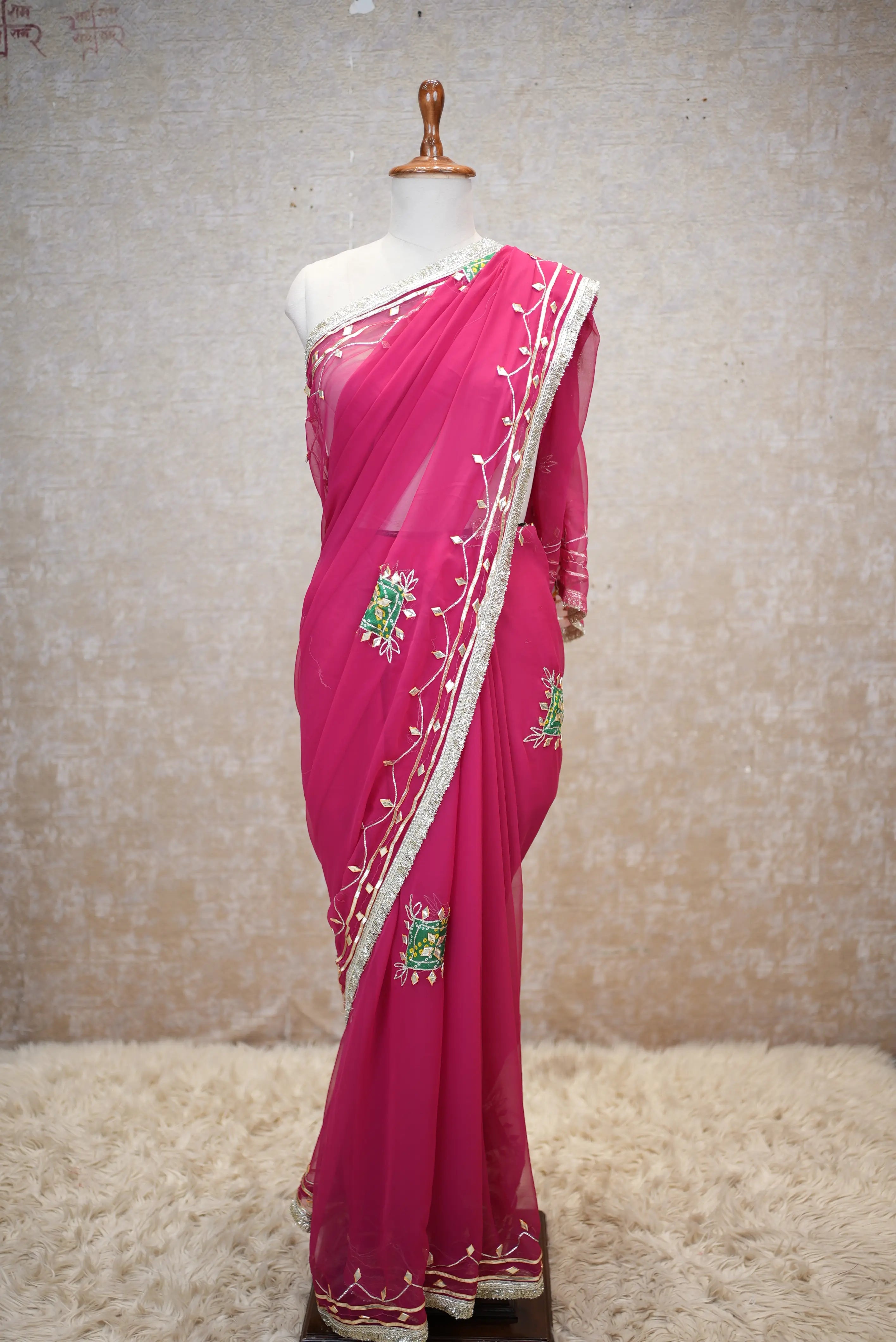 Rajasthani Kacche Gota Patti Patch Work Saree (With Blouse)
