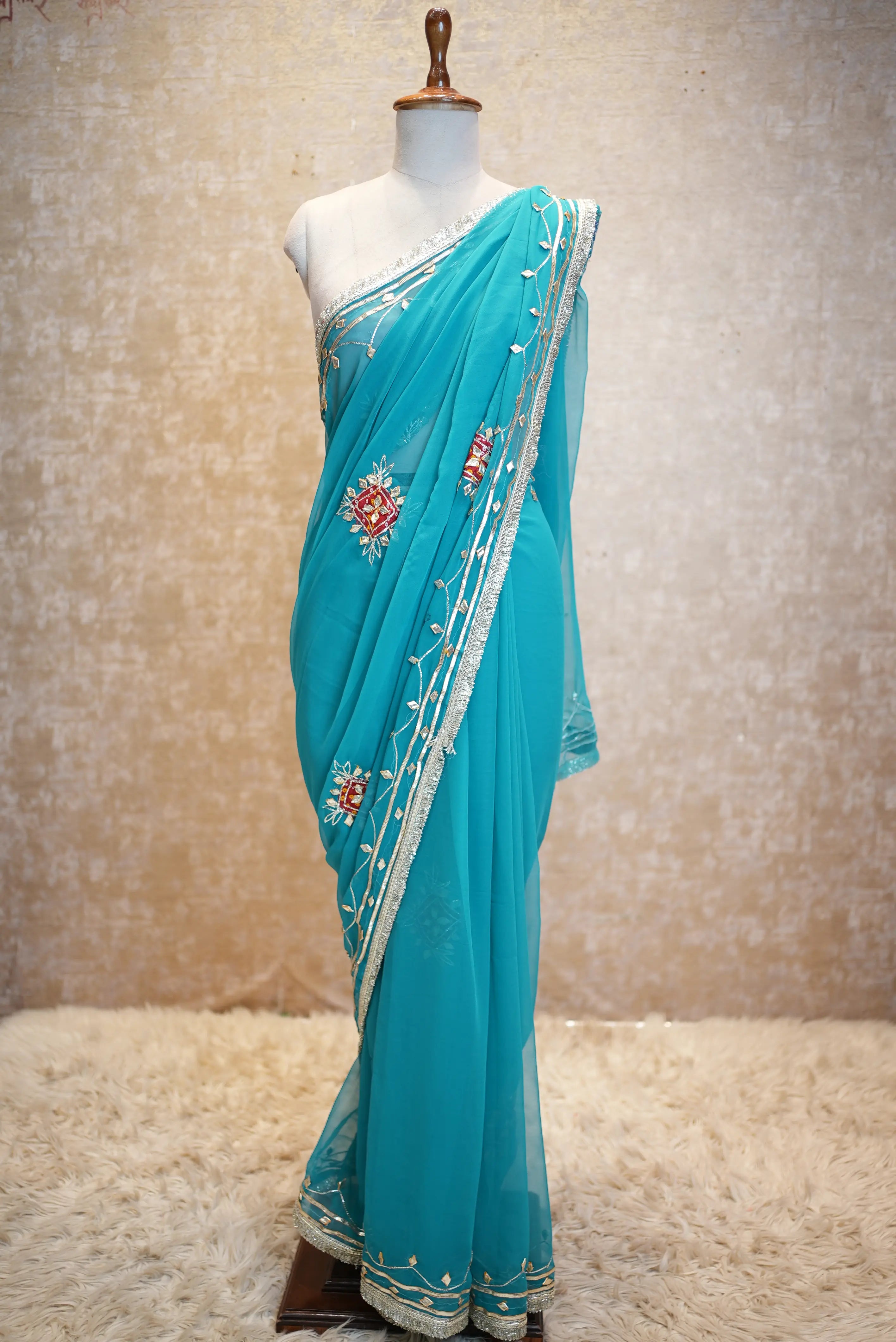 Rajasthani Kacche Gota Patti Patch Work Saree (With Blouse)