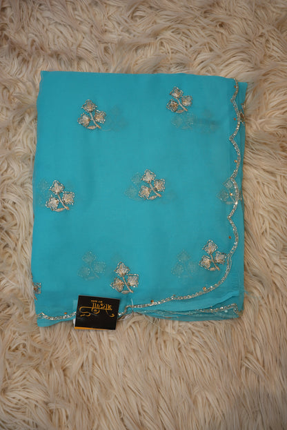 CUTDANA AND AARI WORK SAREE WITH SMALL BUTTI PATTERN AND CUTDANA BORDER (WITH RUNING BLOUSE) ##SR480