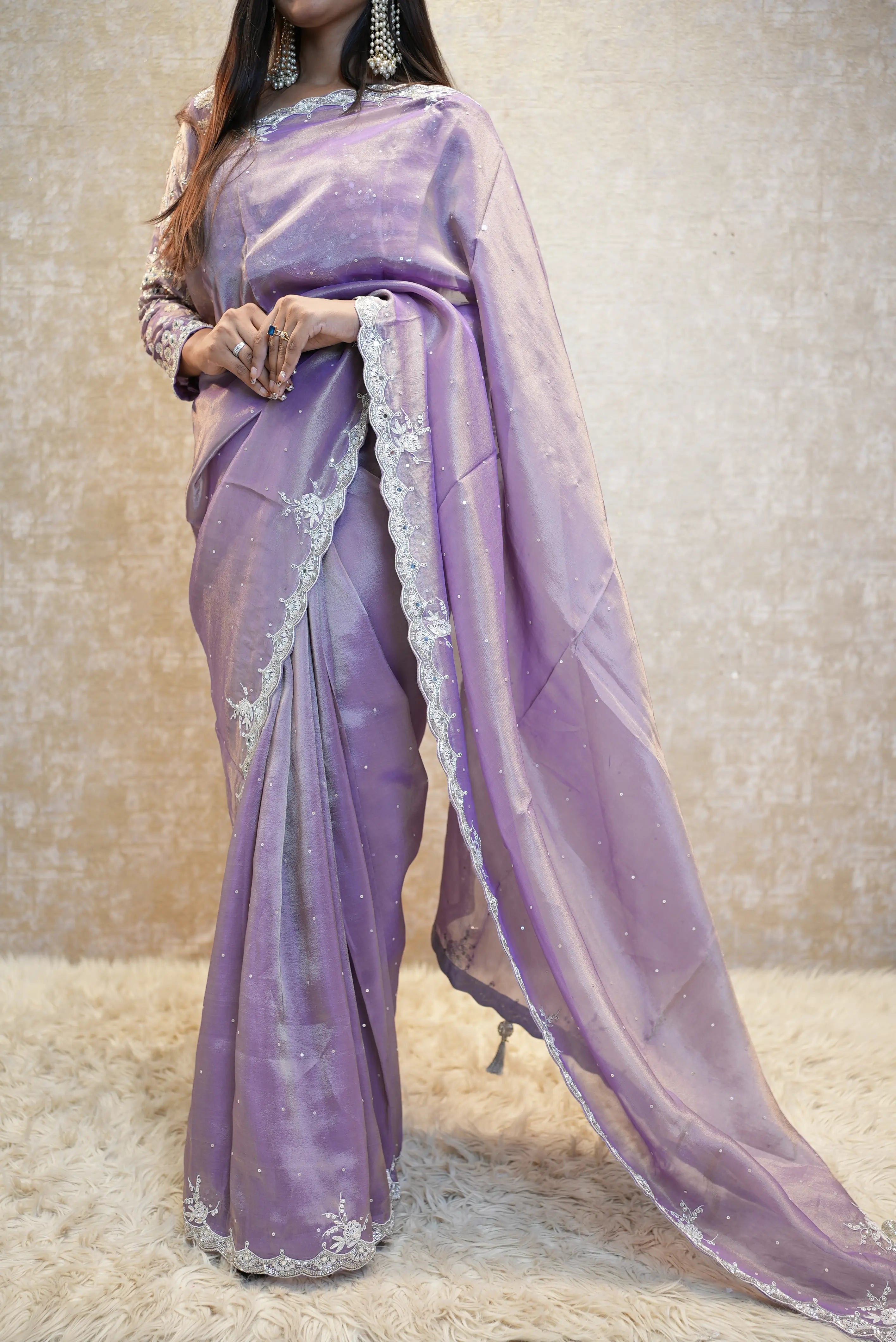 Calcutta Handwork Tissue Silk Fabric Heavy Stitch Blouse Saree Embelish With Pure Zarduazi And Mirror Work Saree