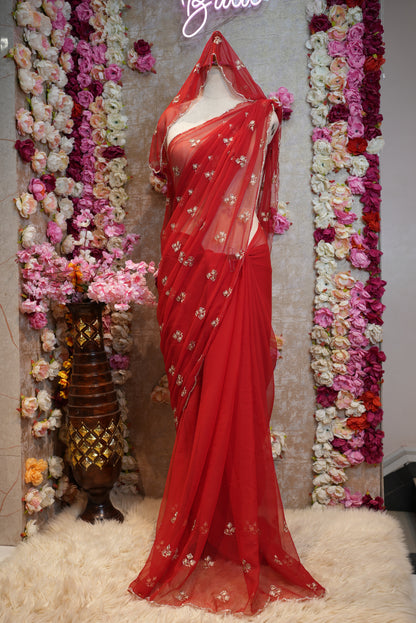 CUTDANA AND AARI WORK SAREE WITH SMALL BUTTI PATTERN AND CUTDANA BORDER (WITH RUNING BLOUSE) ##SR480