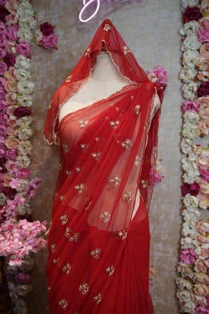 CUTDANA AND AARI WORK SAREE WITH SMALL BUTTI PATTERN AND CUTDANA BORDER (WITH RUNING BLOUSE) ##SR480