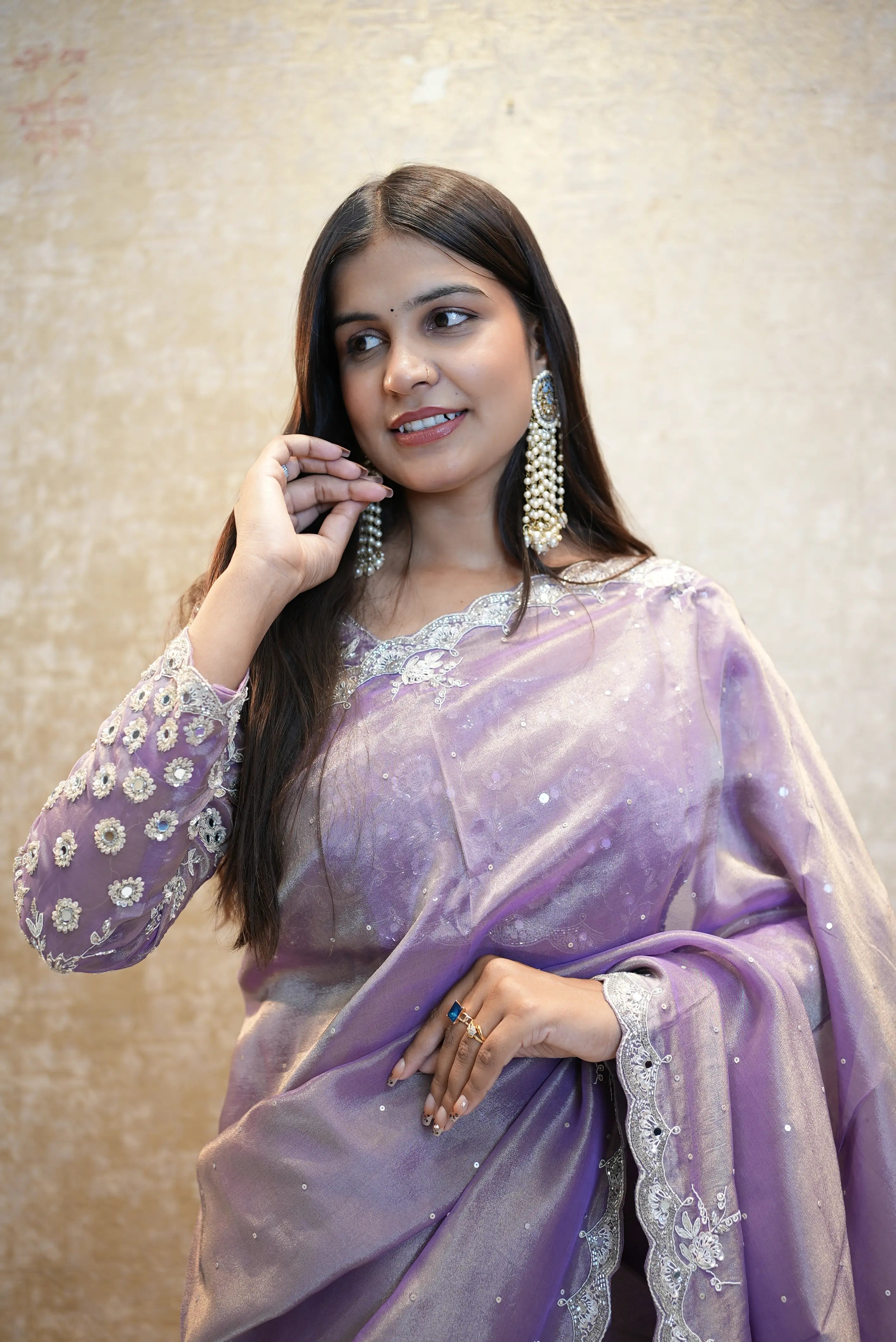 Calcutta Handwork Tissue Silk Fabric Heavy Stitch Blouse Saree Embelish With Pure Zarduazi And Mirror Work Saree