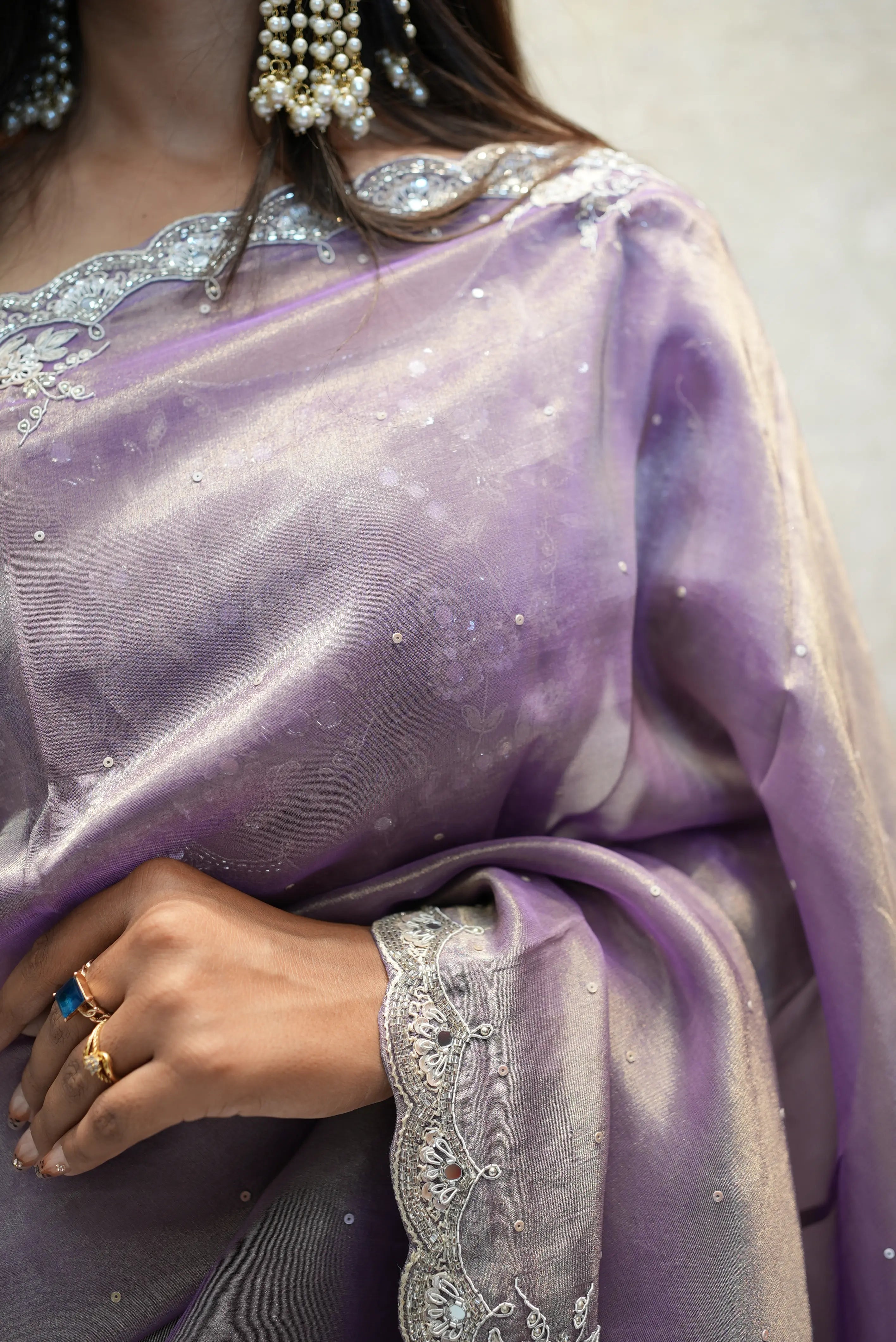 Calcutta Handwork Tissue Silk Fabric Heavy Stitch Blouse Saree Embelish With Pure Zarduazi And Mirror Work Saree