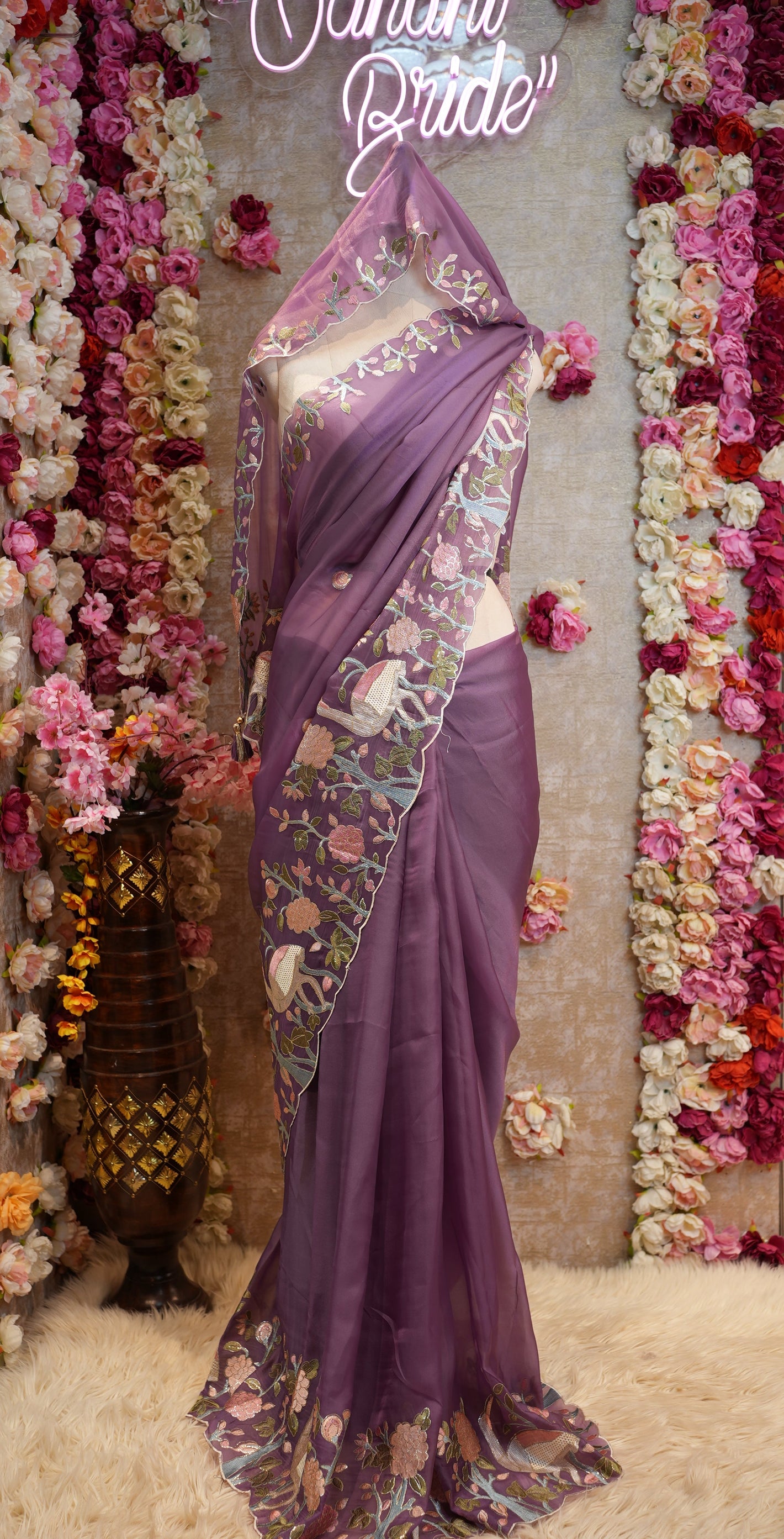 THREAD WORK WITH FIGURE PATTERN SAREE PANEL WORK WITH SAWAN DESIGN WITH HEAVY BORDER (WITH MONO TONE THREAD WORK BLOUSE ) ##SR474