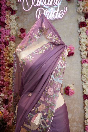 THREAD WORK WITH FIGURE PATTERN SAREE PANEL WORK WITH SAWAN DESIGN WITH HEAVY BORDER (WITH MONO TONE THREAD WORK BLOUSE ) ##SR474