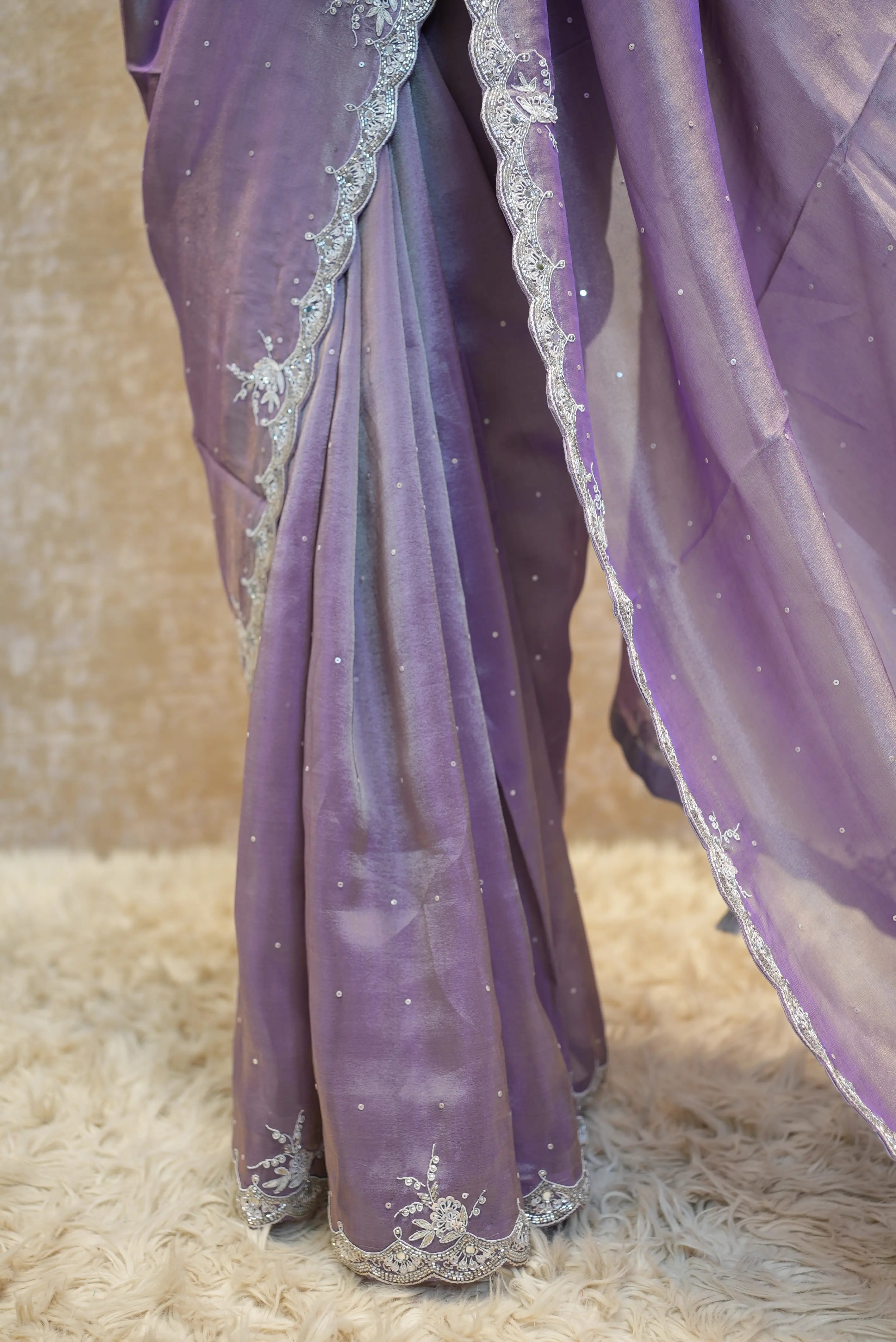 Calcutta Handwork Tissue Silk Fabric Heavy Stitch Blouse Saree Embelish With Pure Zarduazi And Mirror Work Saree
