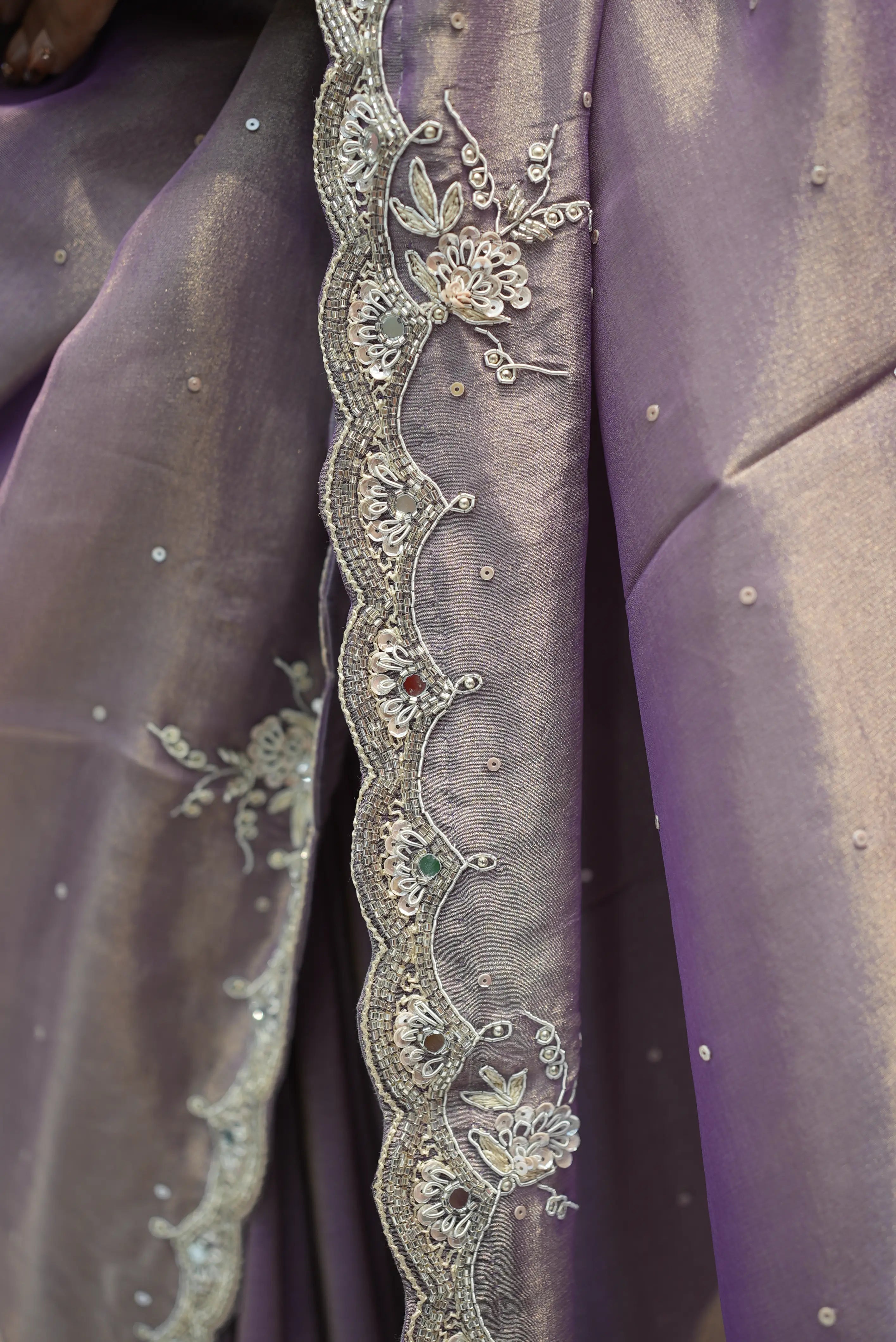 Calcutta Handwork Tissue Silk Fabric Heavy Stitch Blouse Saree Embelish With Pure Zarduazi And Mirror Work Saree