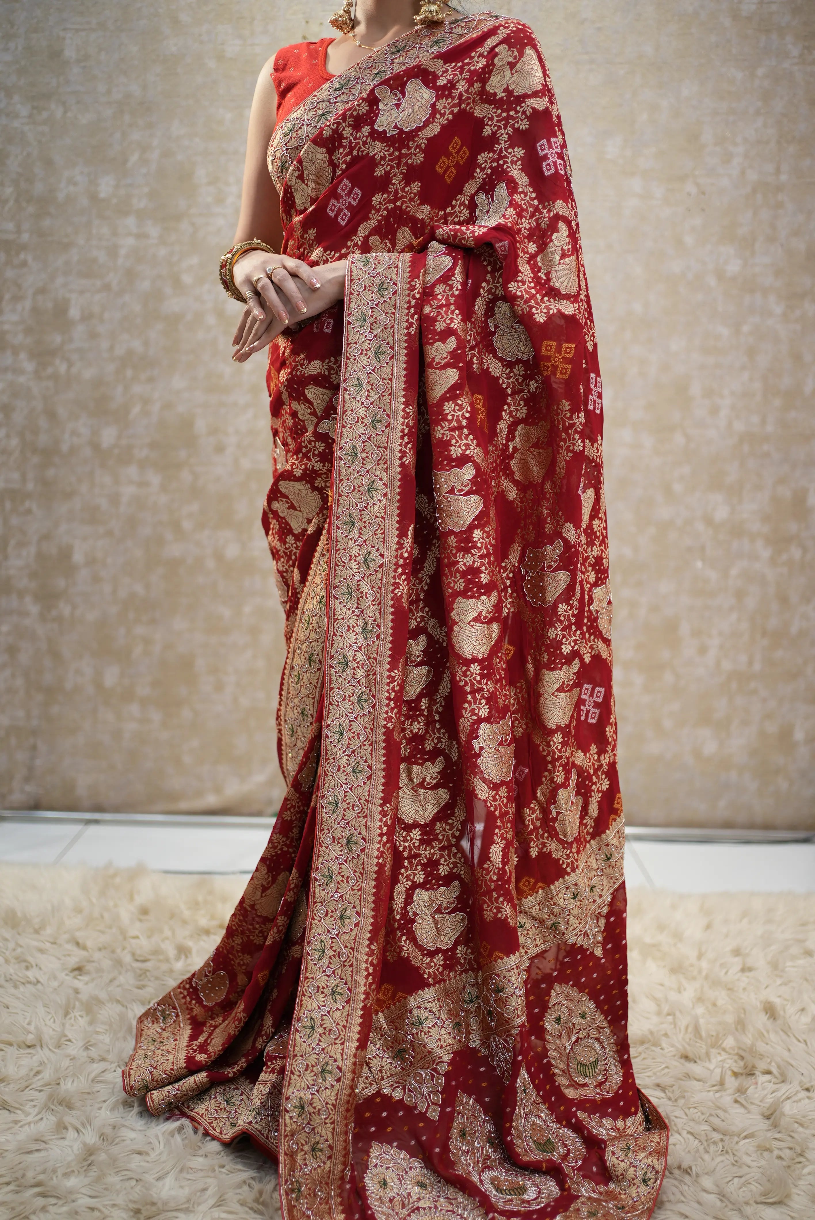 Bandhani Darbari Saree with Traditional Royal Figure Zari Weaving & Designer Border
