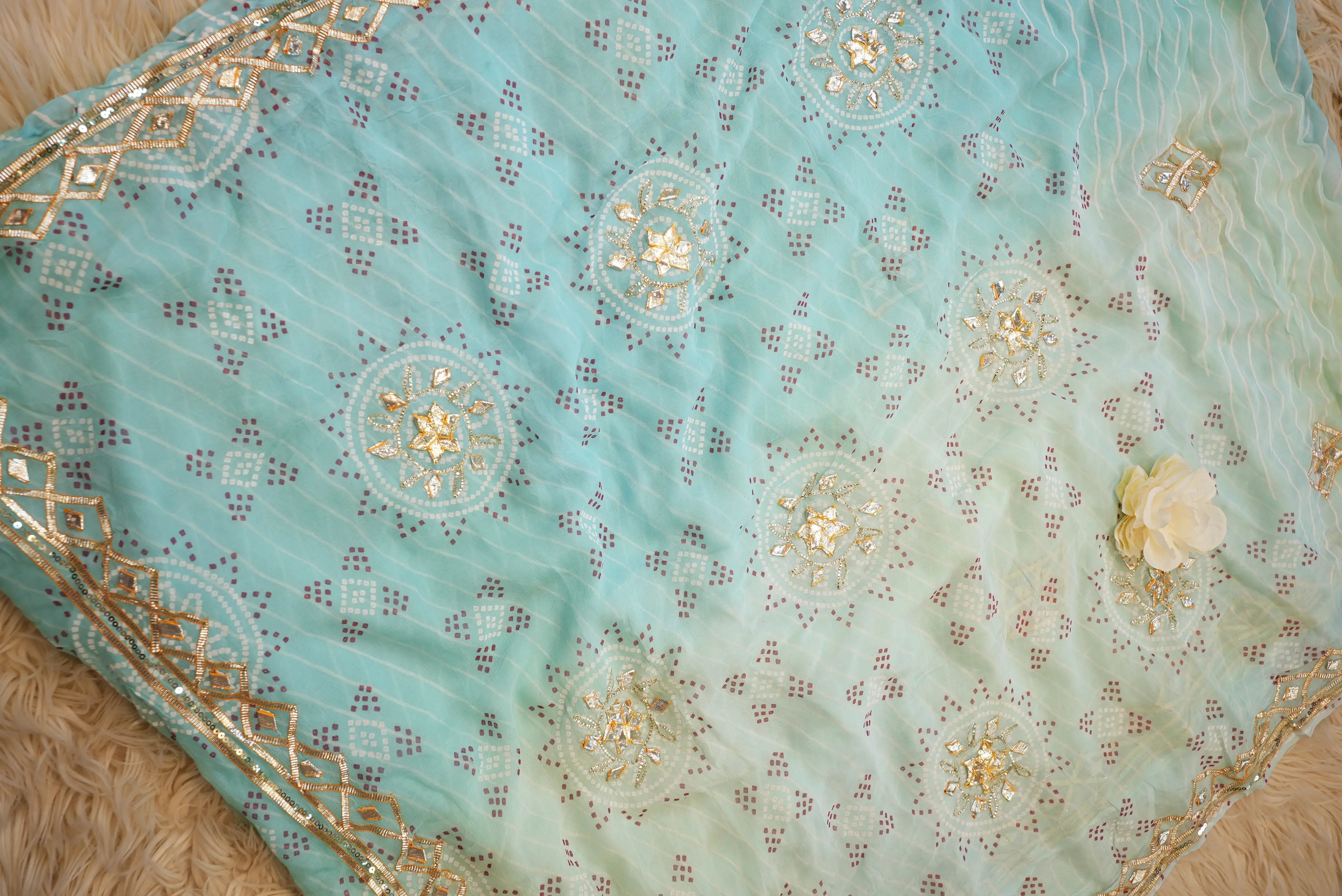 Chiffon Leheriya Saree with Charkhi Gota & Bandhani Pallu  (With Blouse)