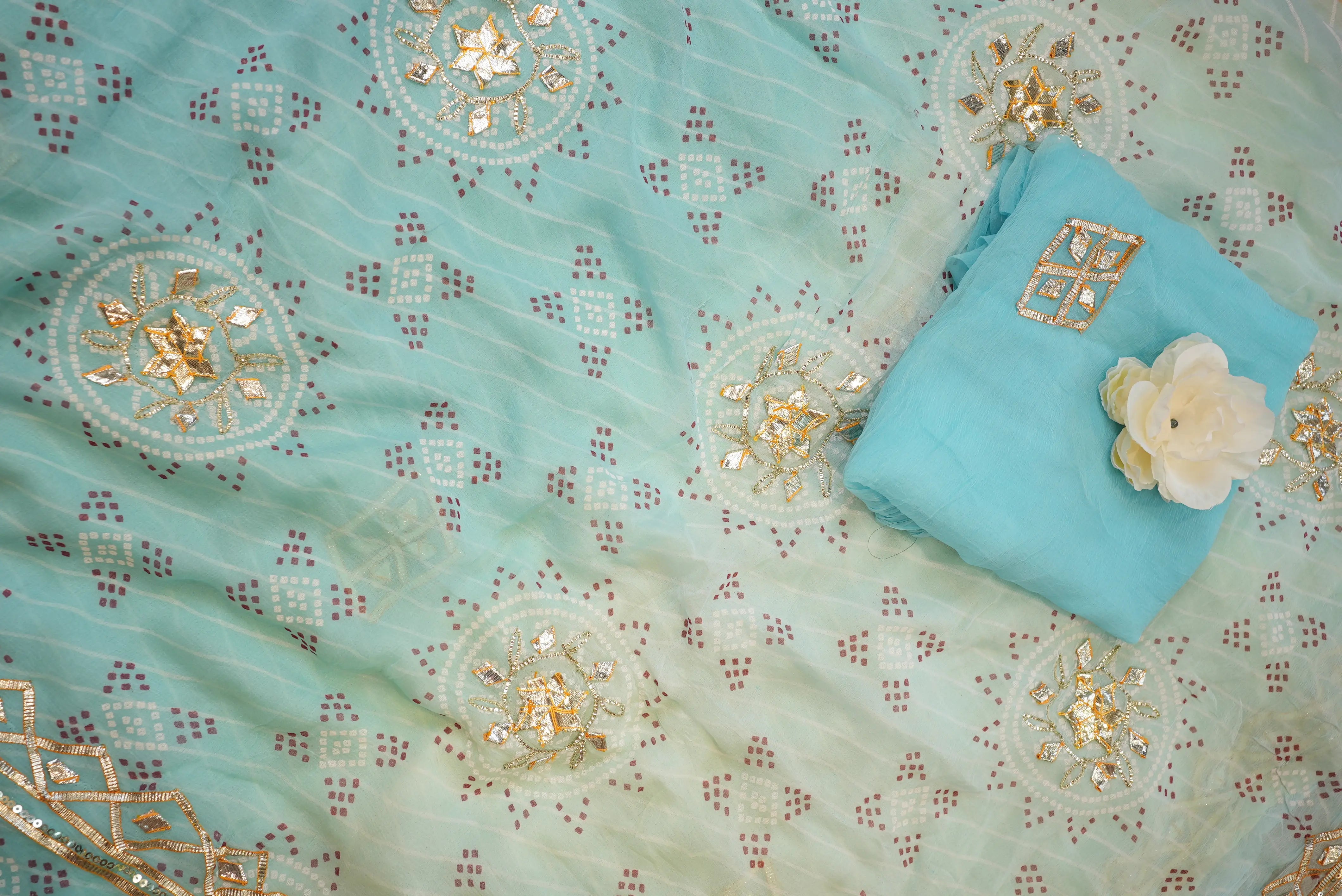 Chiffon Leheriya Saree with Charkhi Gota & Bandhani Pallu  (With Blouse)