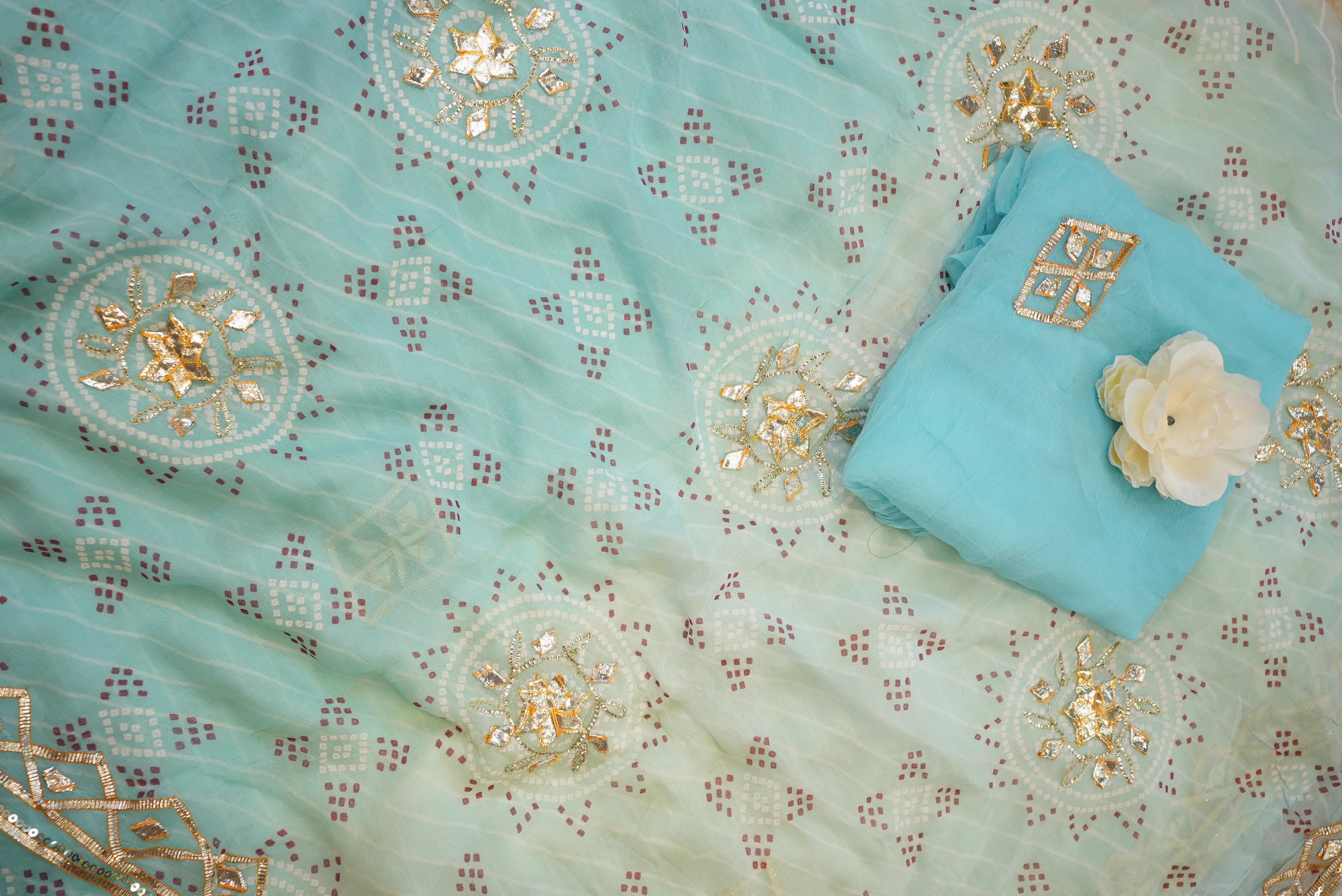 Chiffon Leheriya Saree with Charkhi Gota & Bandhani Pallu  (With Blouse)