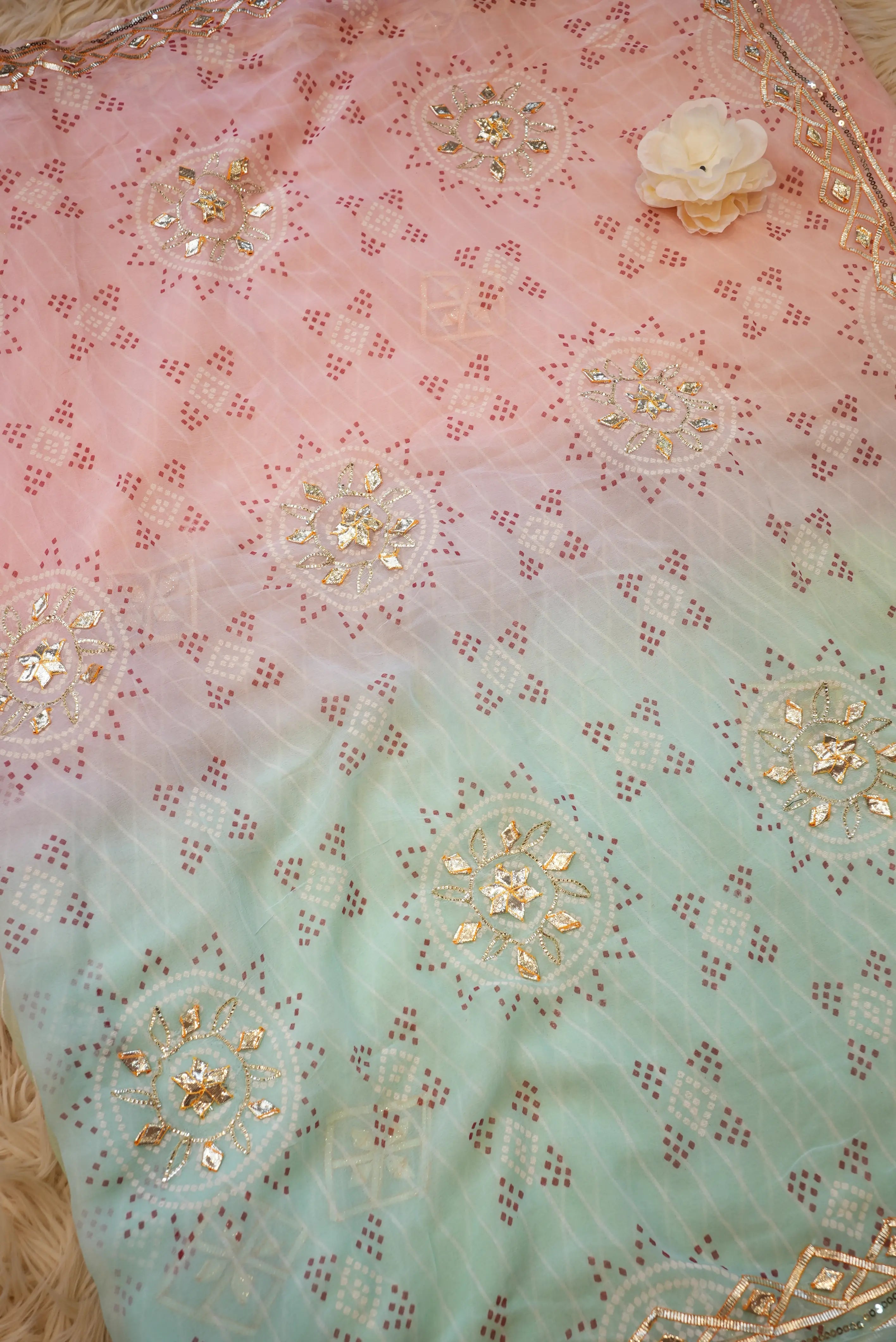 Chiffon Leheriya Saree with Charkhi Gota & Bandhani Pallu  (With Blouse)