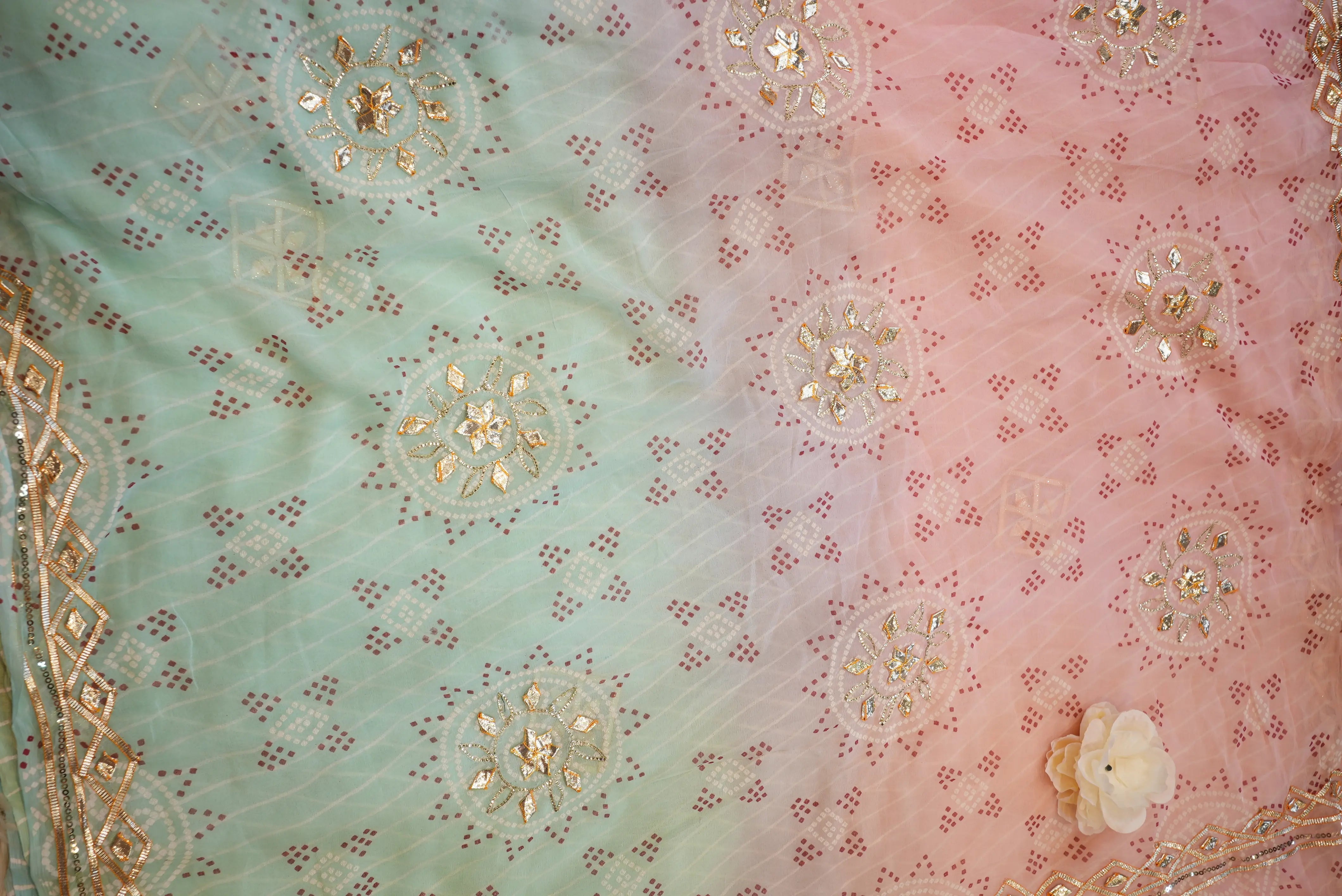 Chiffon Leheriya Saree with Charkhi Gota & Bandhani Pallu  (With Blouse)