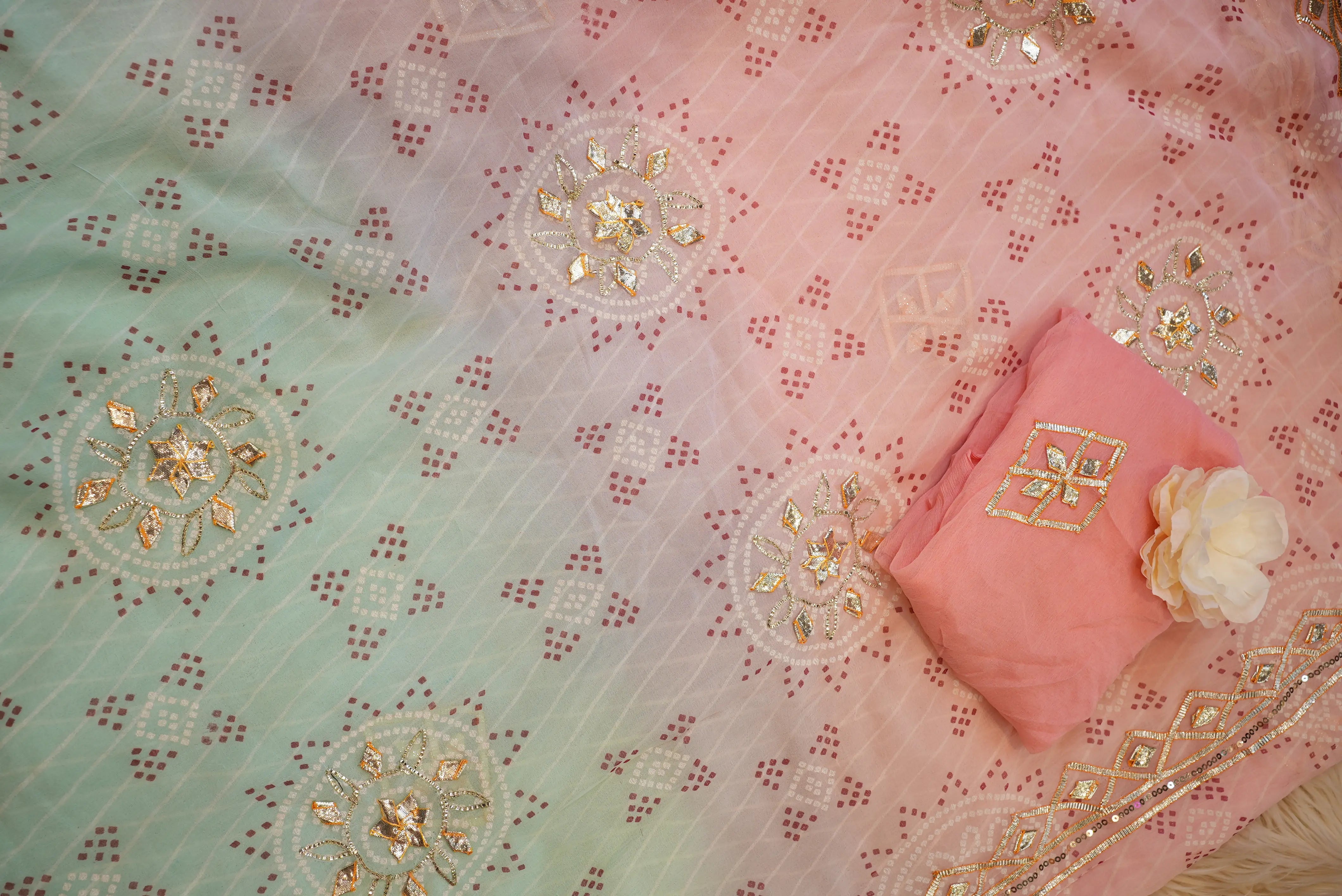 Chiffon Leheriya Saree with Charkhi Gota & Bandhani Pallu  (With Blouse)