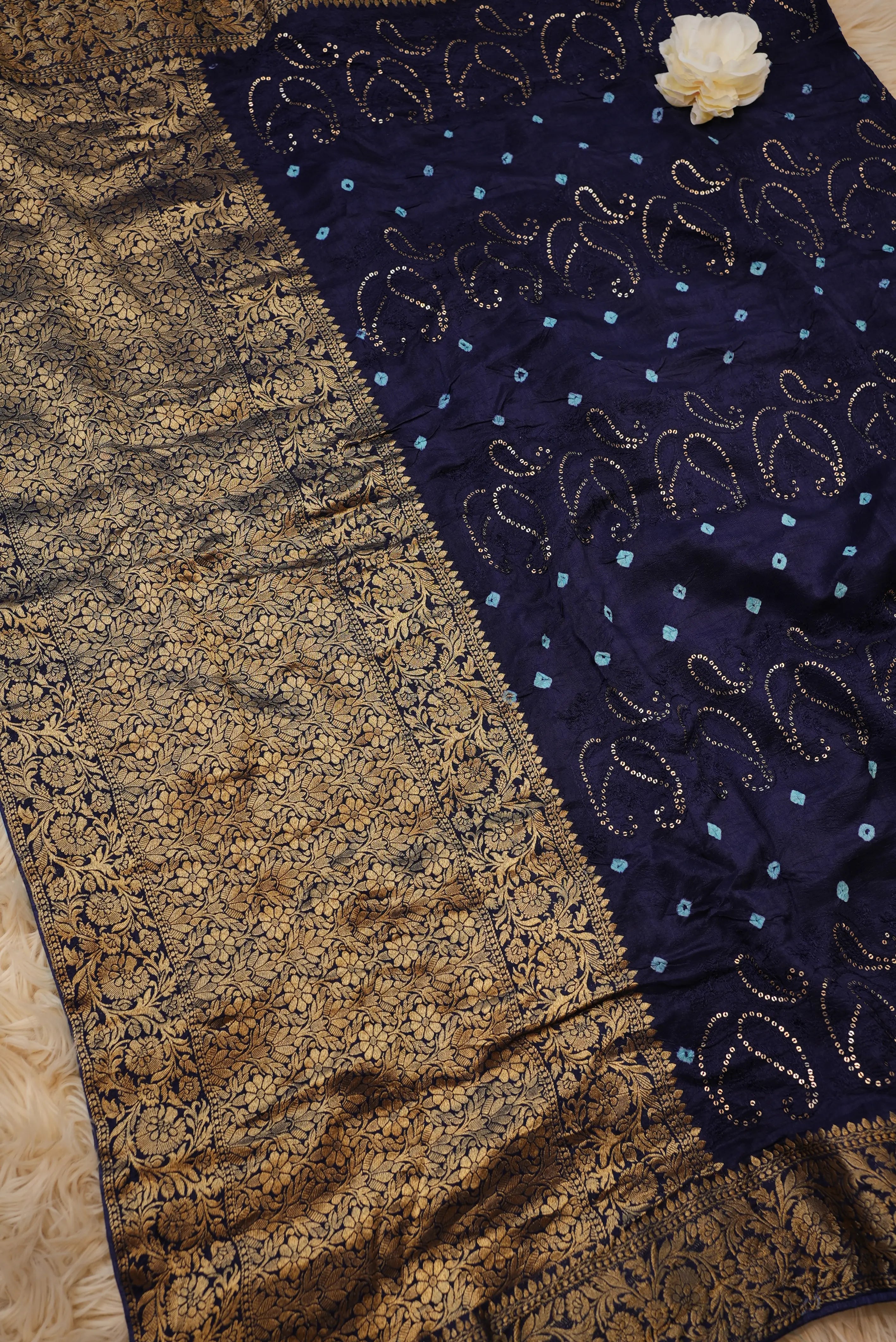 Designer Bandhani Saree with Sequence, Embroidery & Zari Border (With Blouse)