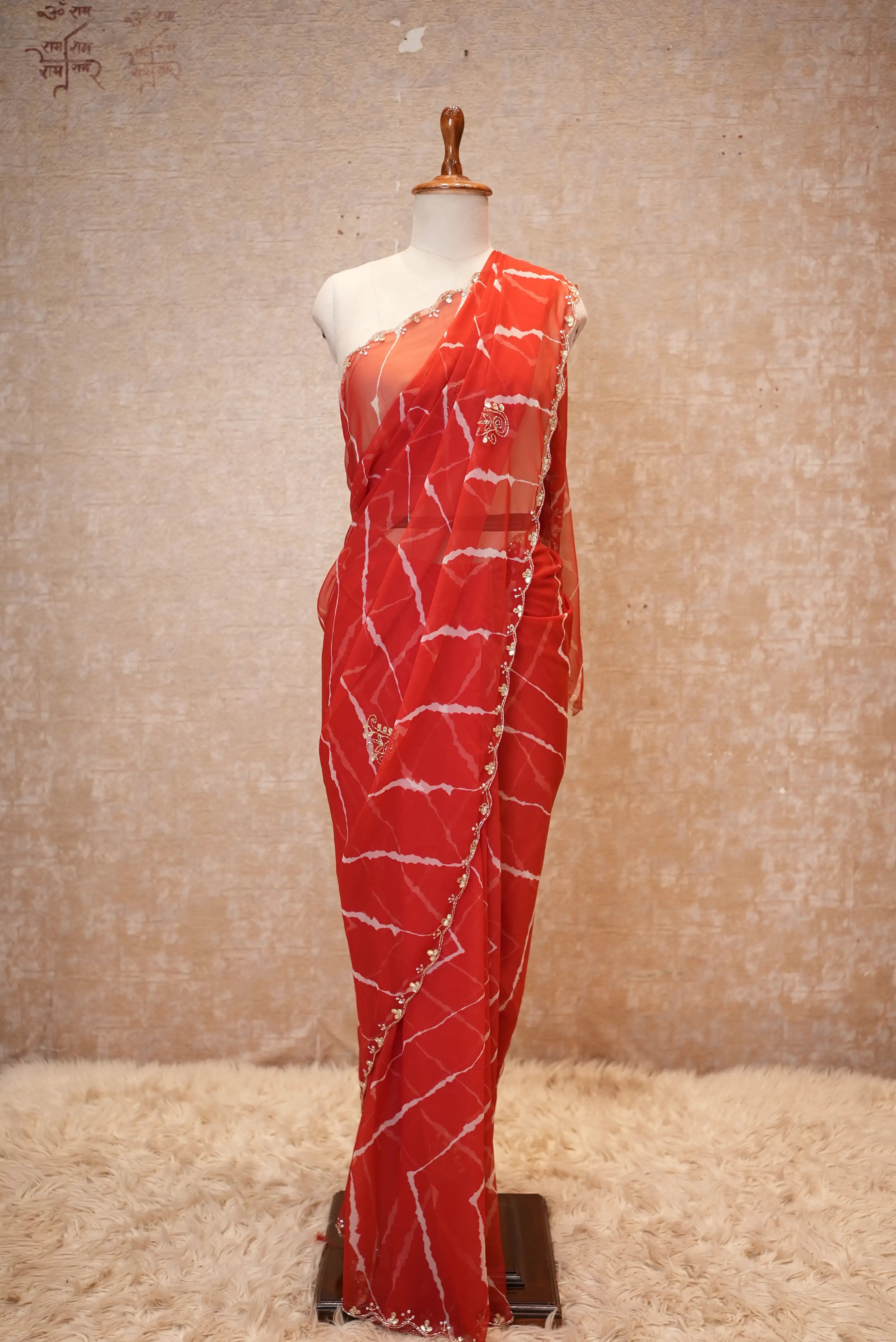 Rajasthani Leheriya Saree With Pearl Lace Border & Buti Work