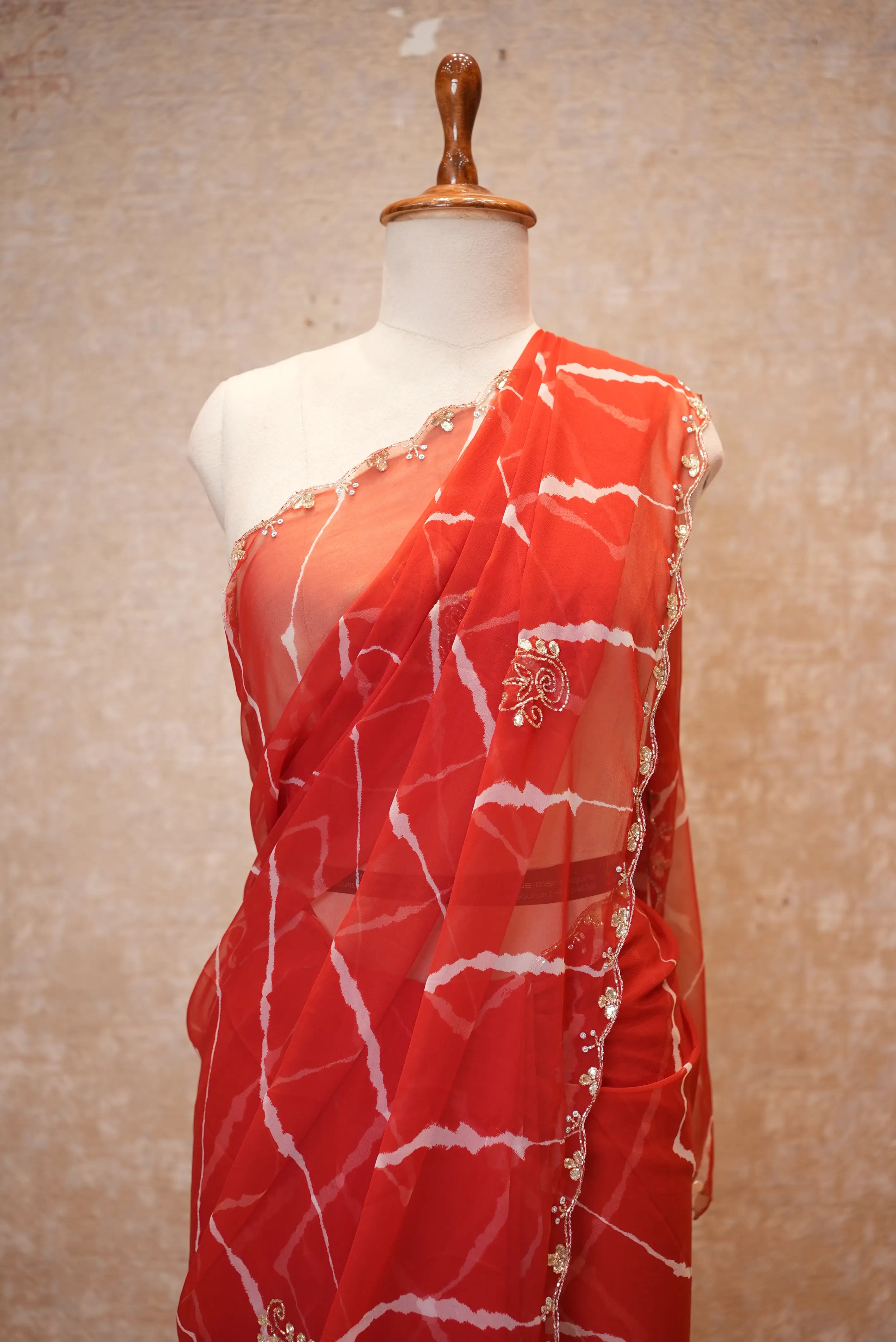 Rajasthani Leheriya Saree With Pearl Lace Border & Buti Work