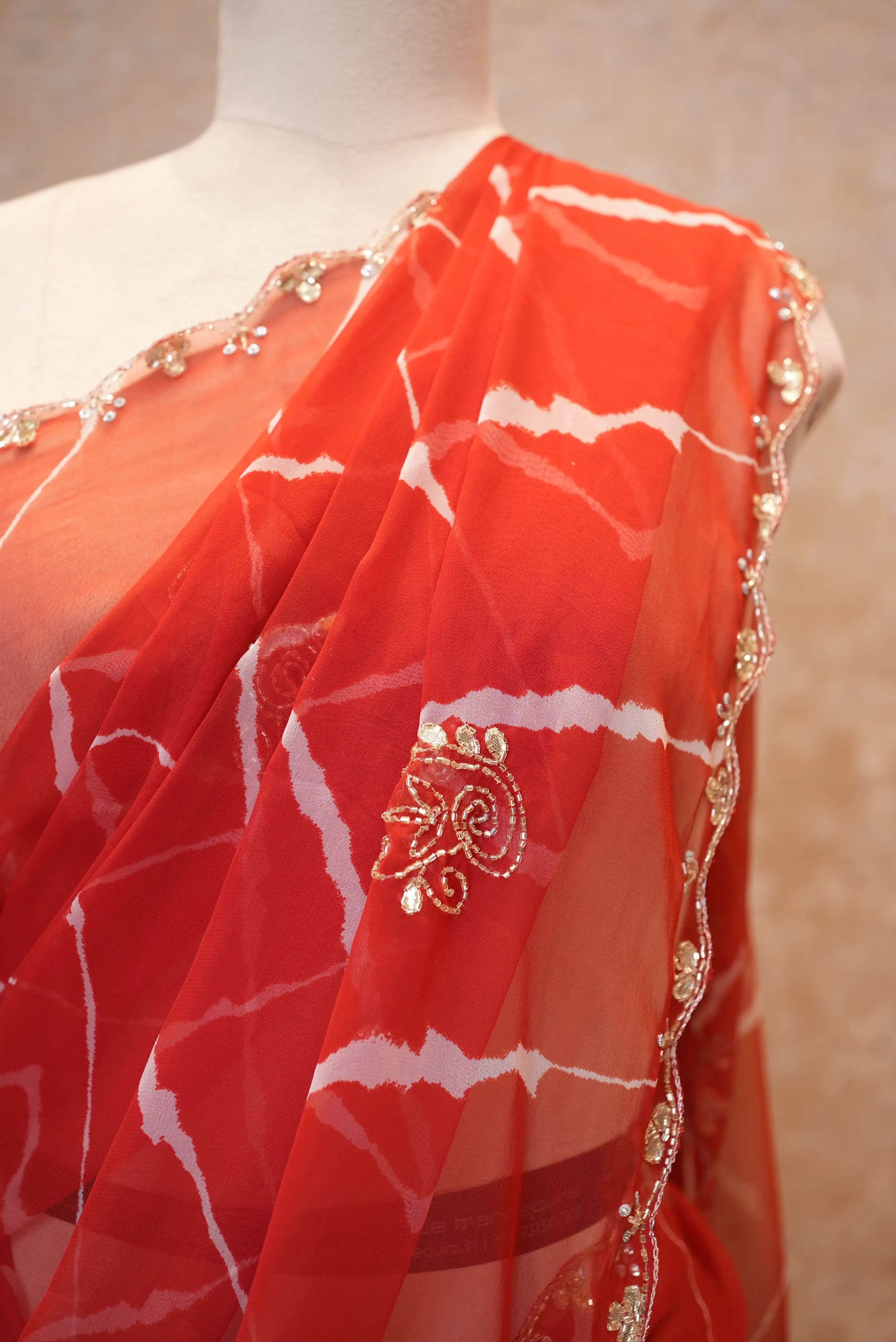 Rajasthani Leheriya Saree With Pearl Lace Border & Buti Work