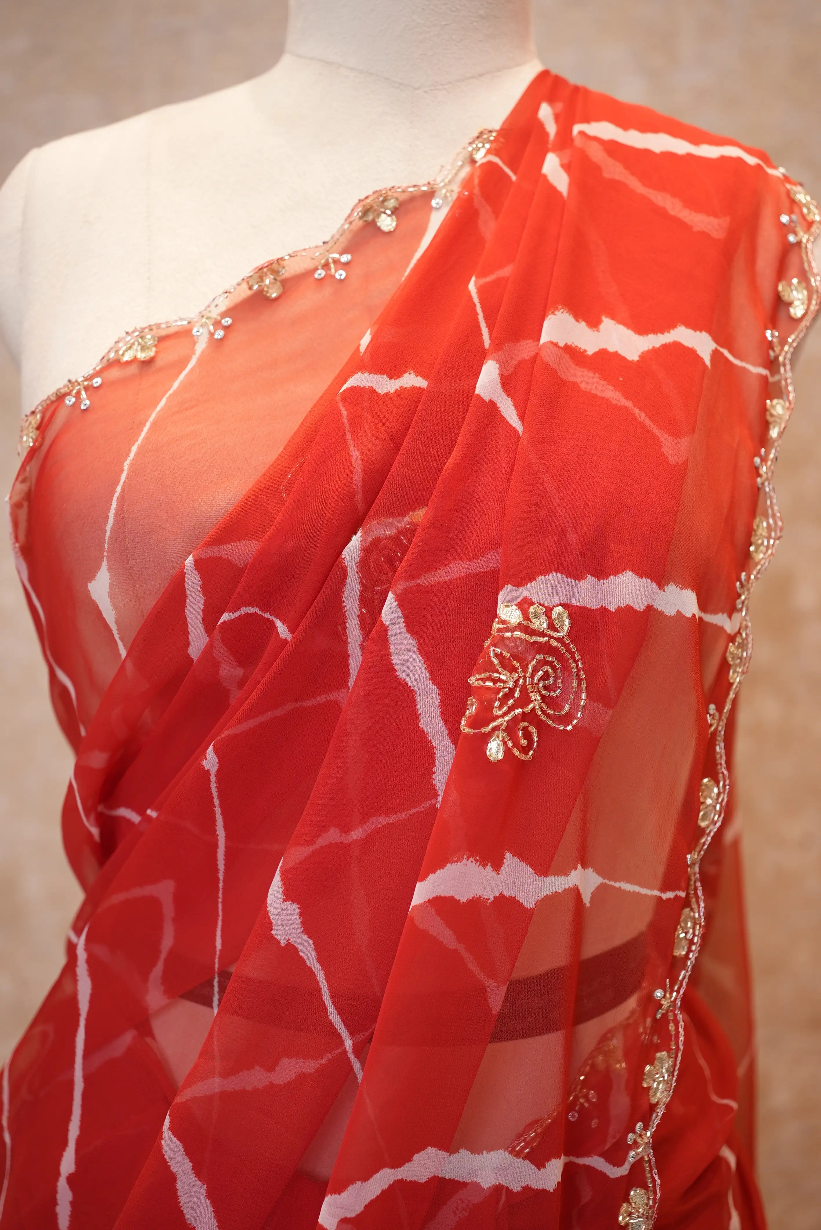 Rajasthani Leheriya Saree With Pearl Lace Border & Buti Work