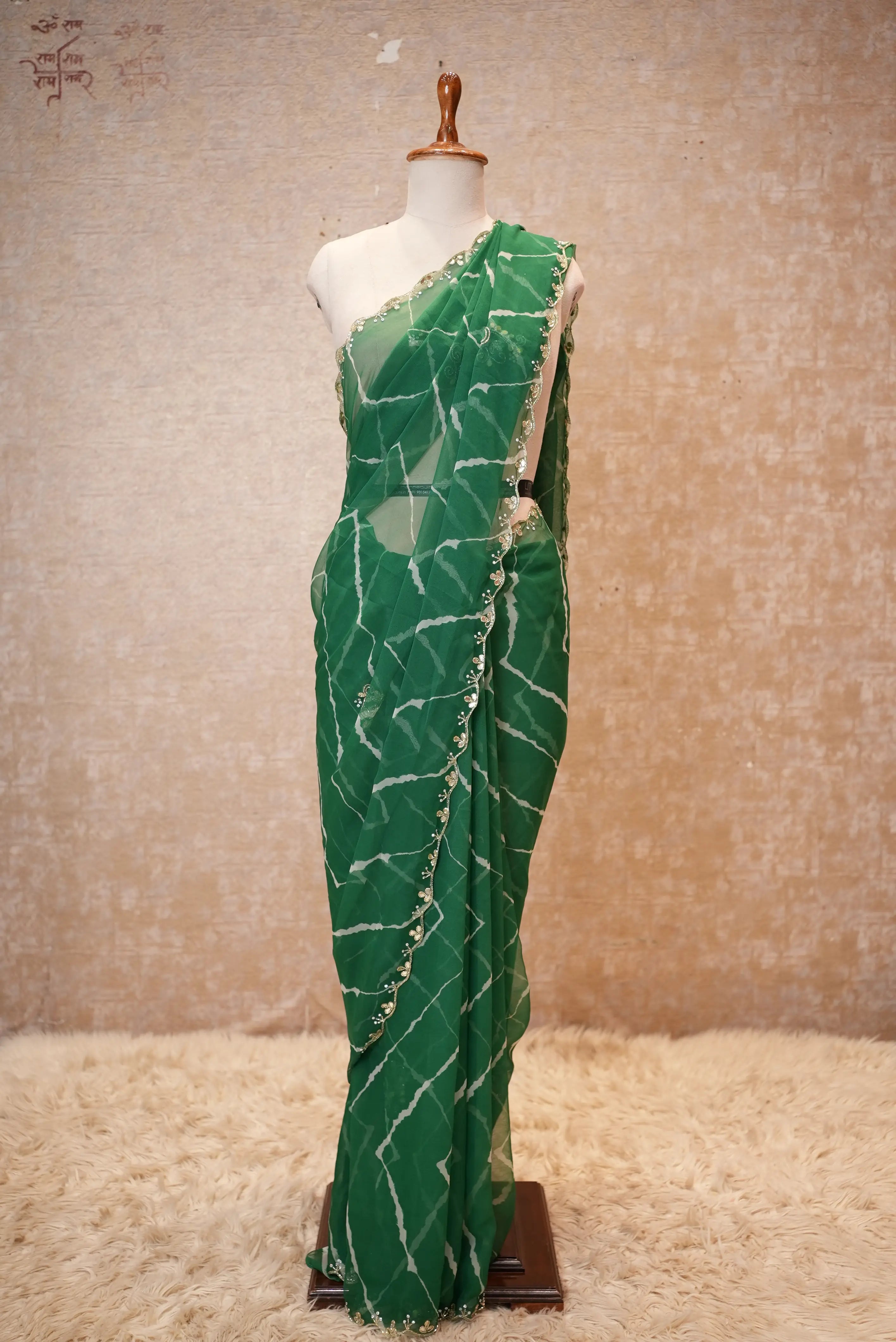Rajasthani Leheriya Saree With Pearl Lace Border & Buti Work