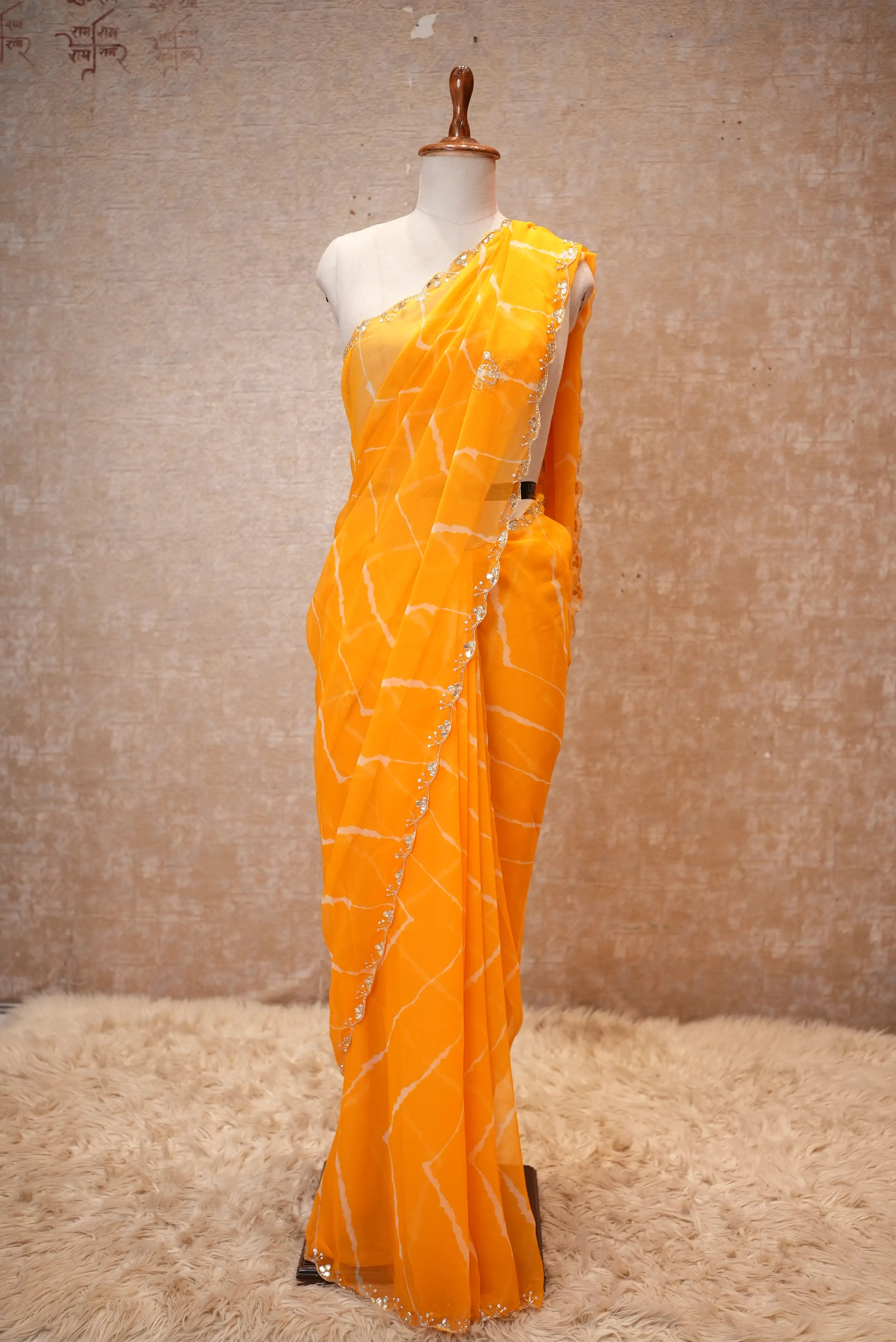 Rajasthani Leheriya Saree With Pearl Lace Border & Buti Work