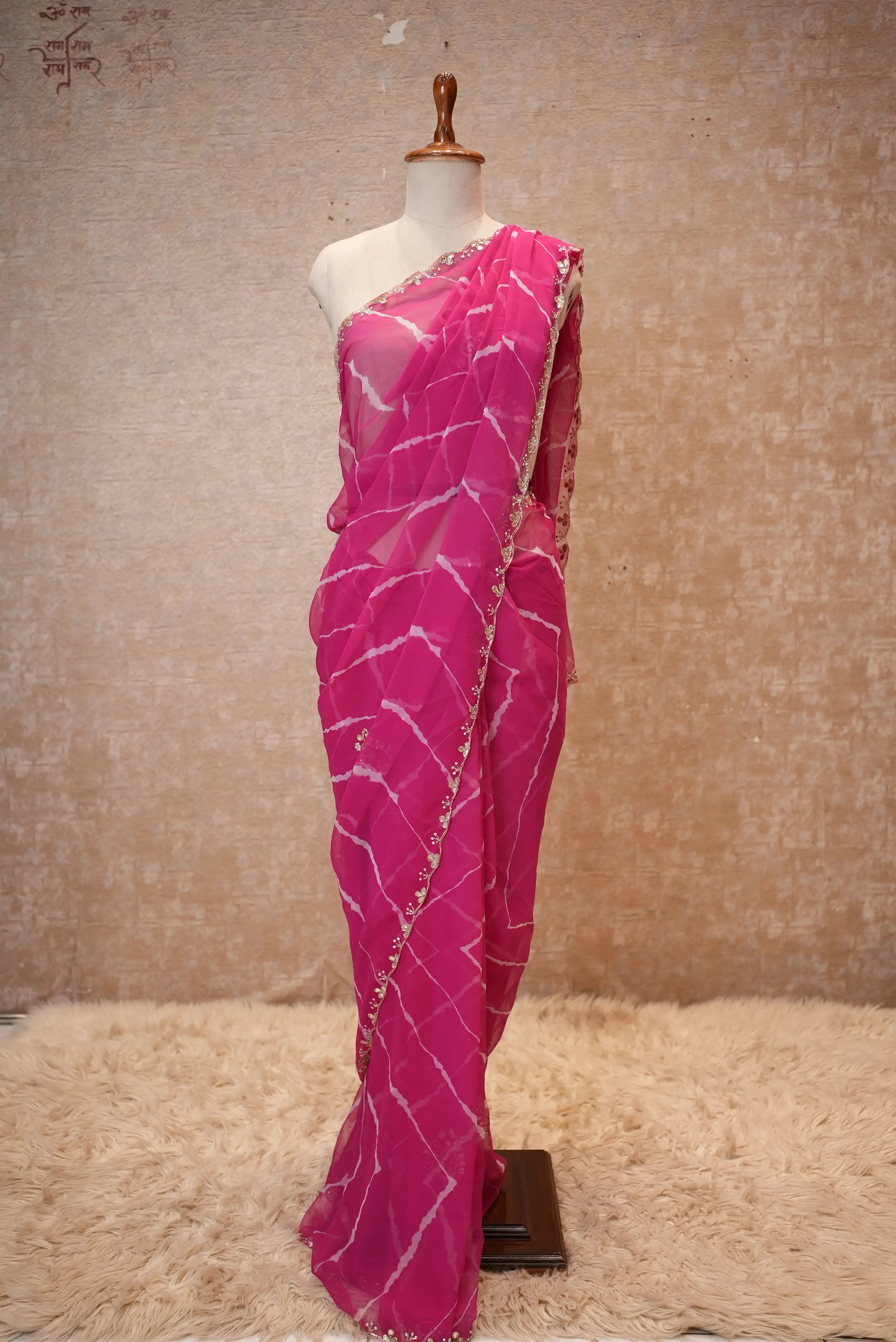 Rajasthani Leheriya Saree With Pearl Lace Border & Buti Work