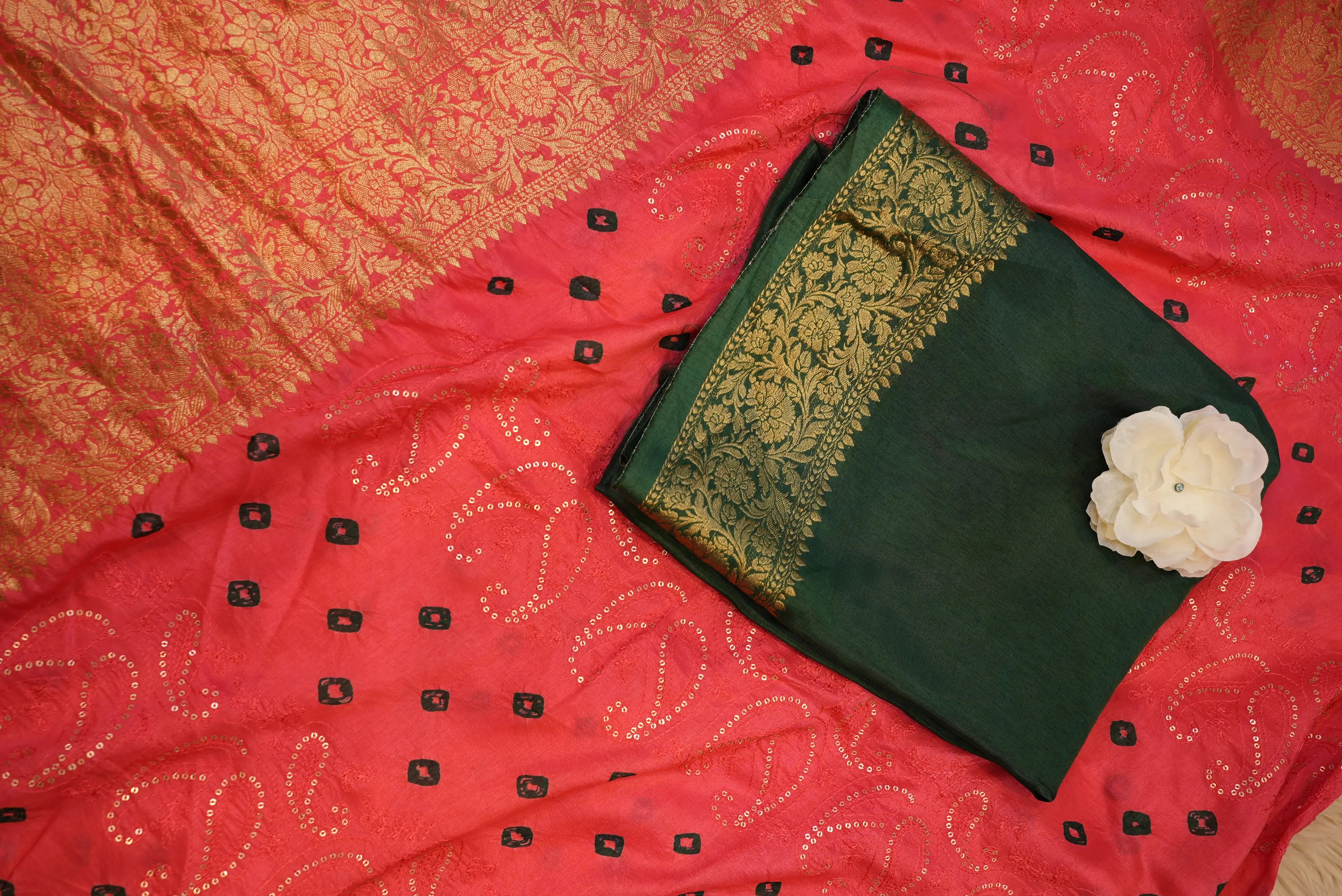 Designer Bandhani Saree with Sequence, Embroidery & Zari Border (With Blouse)