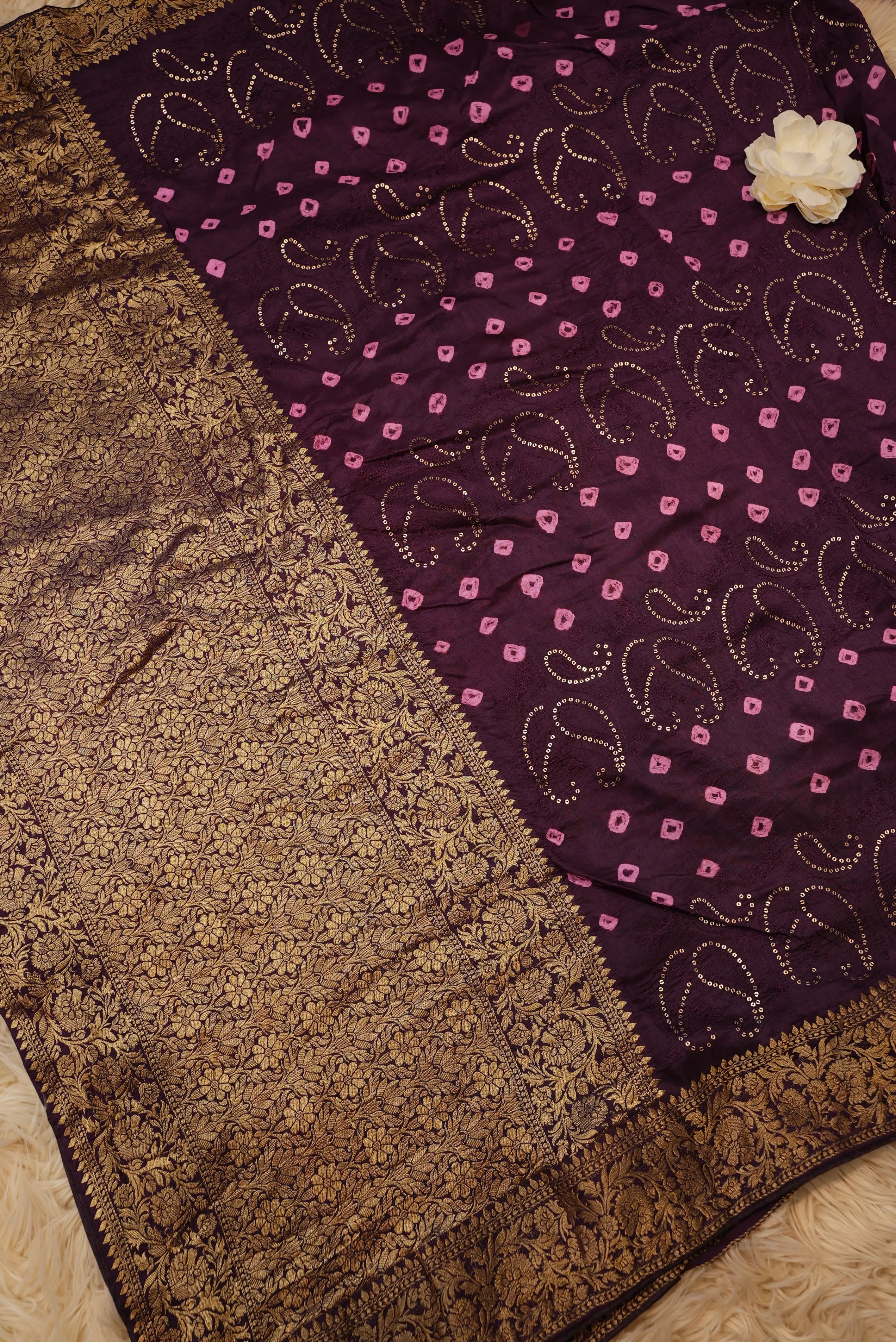 Designer Bandhani Saree with Sequence, Embroidery & Zari Border (With Blouse)