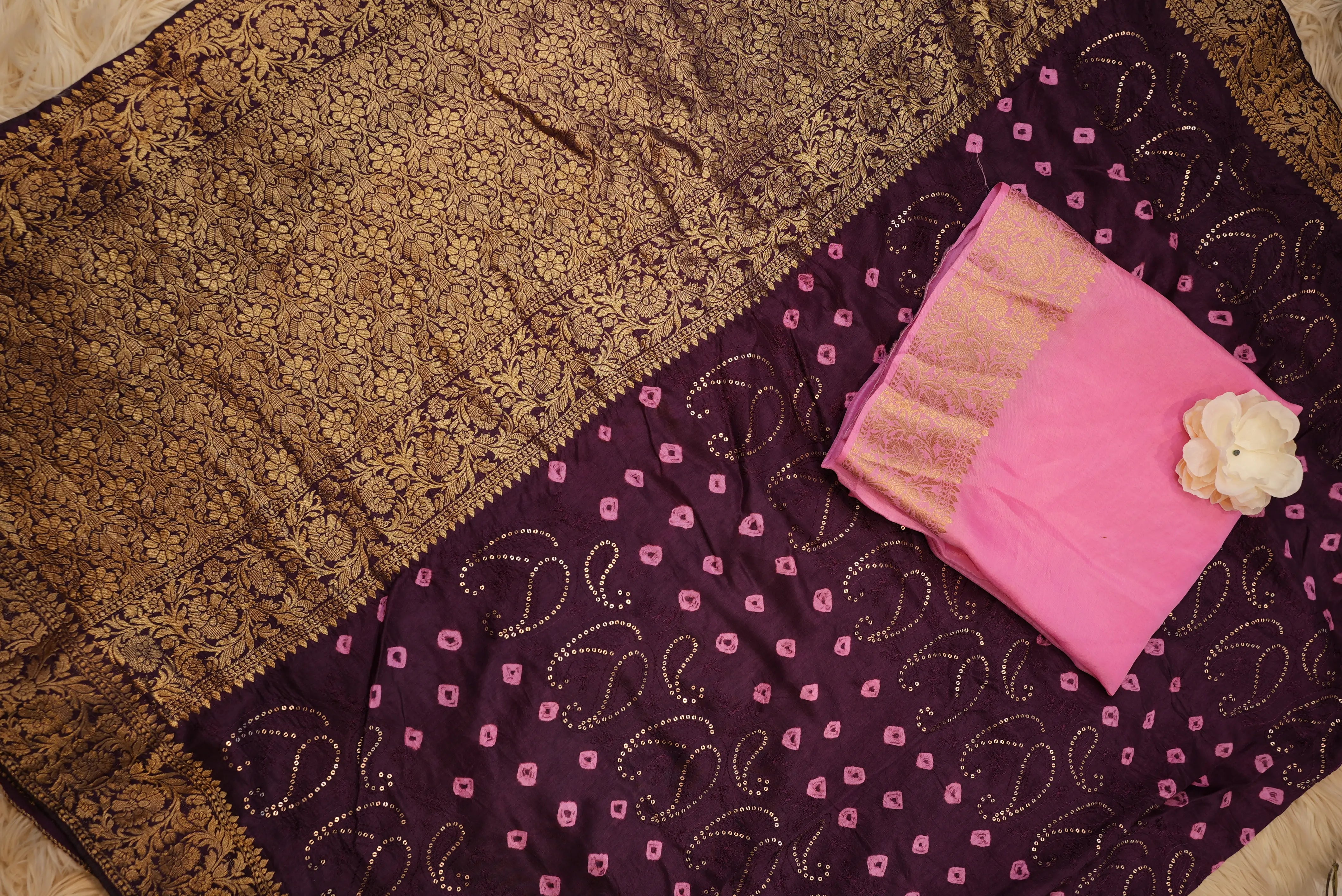 Designer Bandhani Saree with Sequence, Embroidery & Zari Border (With Blouse)