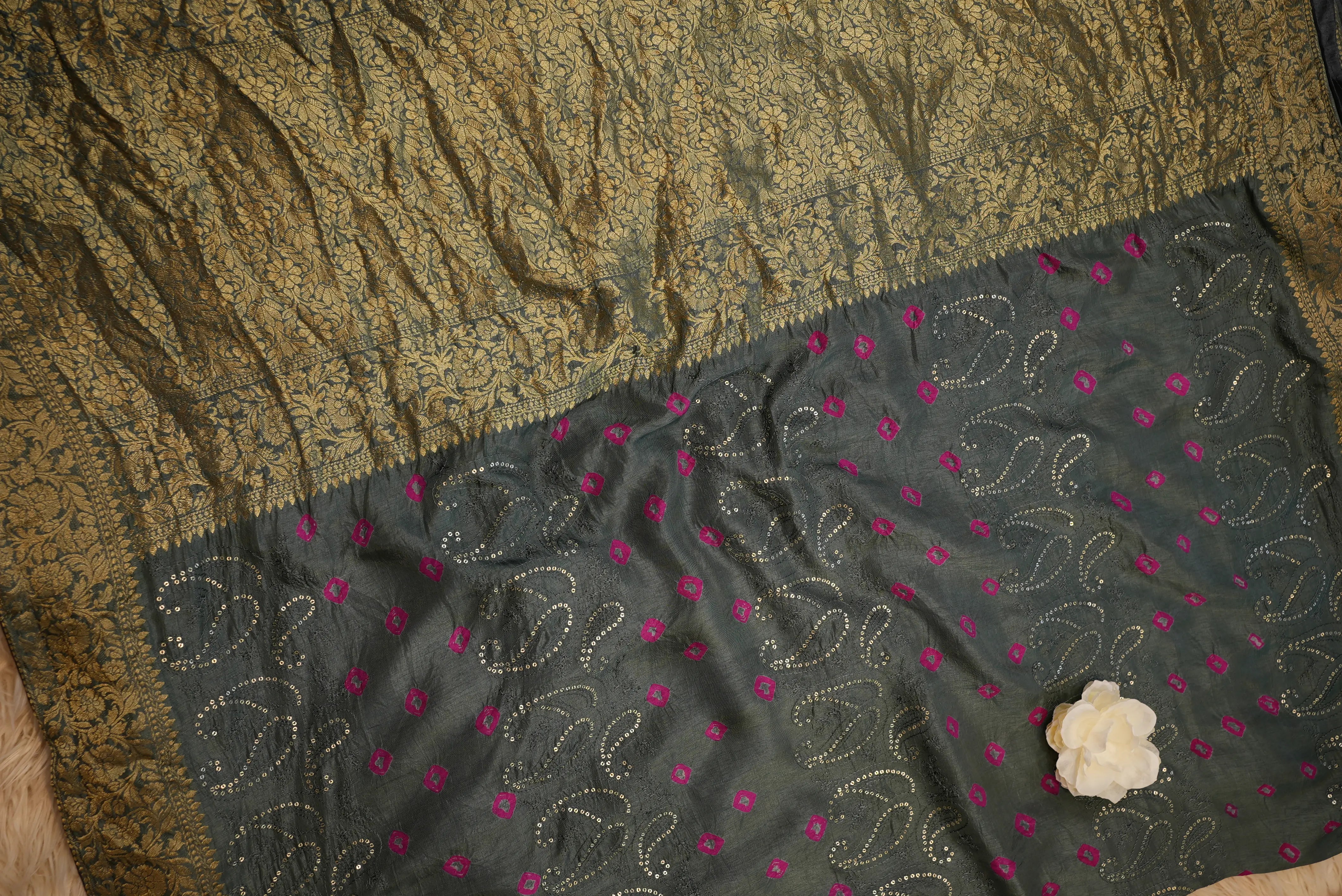 Designer Bandhani Saree with Sequence, Embroidery & Zari Border (With Blouse)