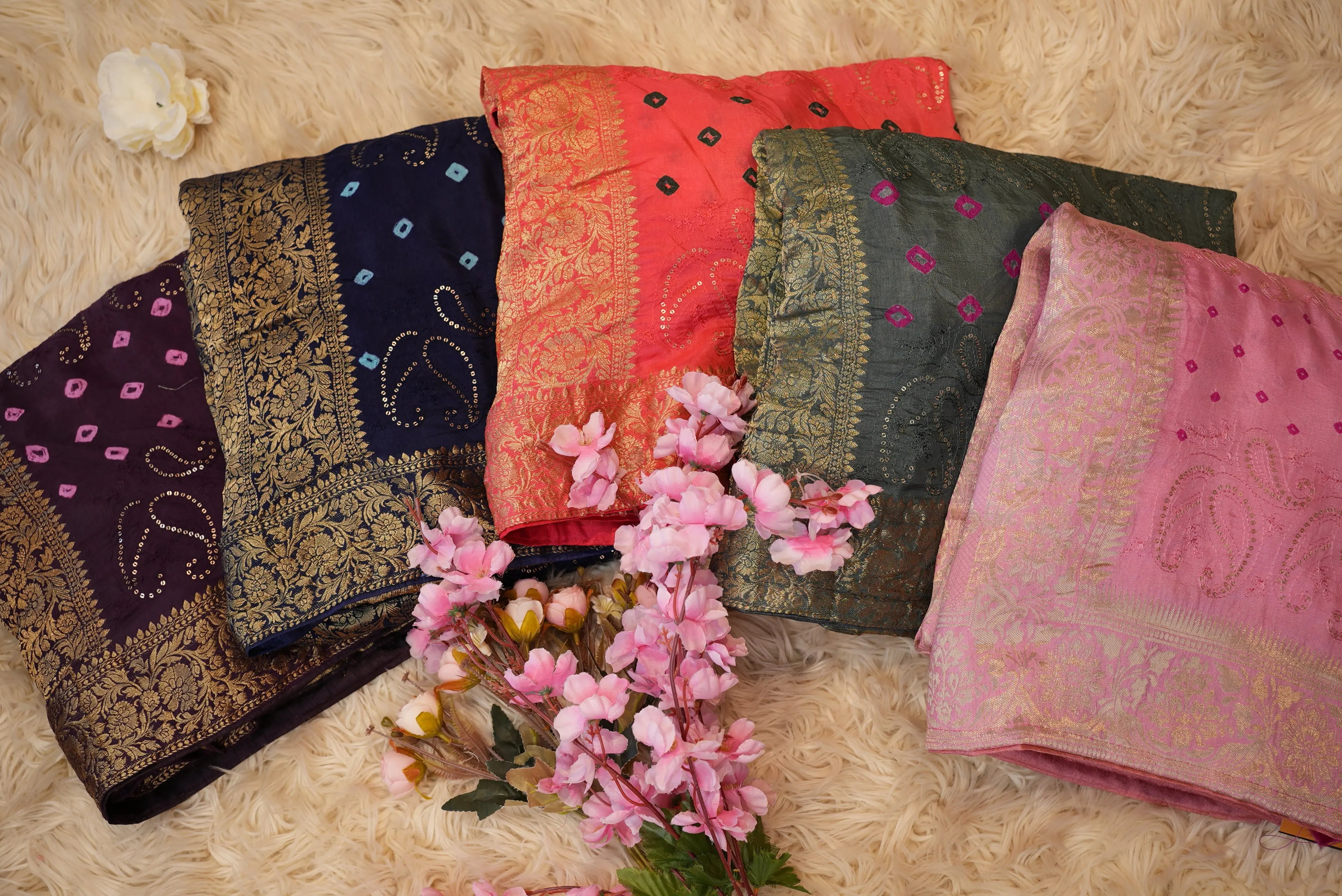 Designer Bandhani Saree with Sequence, Embroidery & Zari Border (With Blouse)