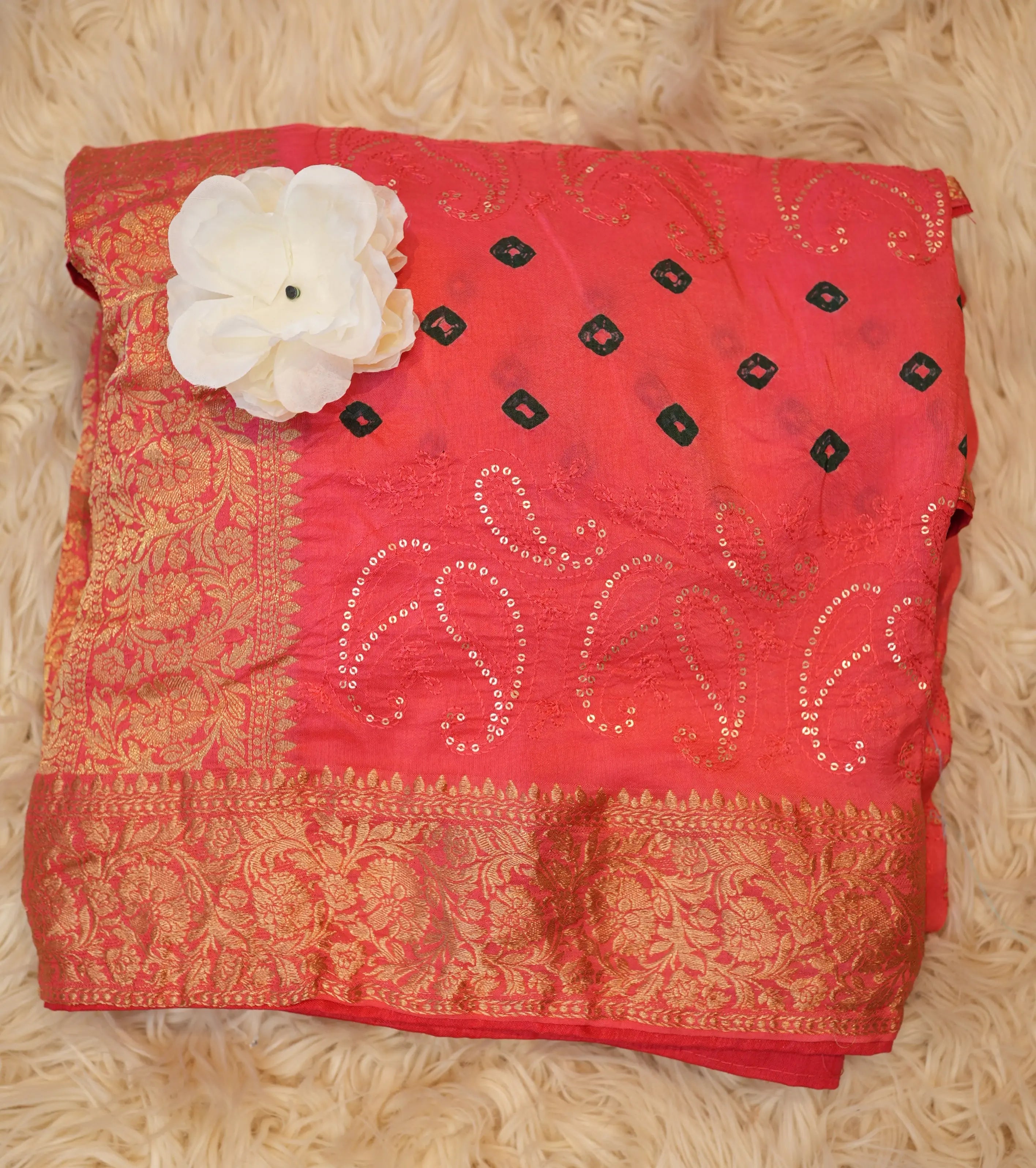 Designer Bandhani Saree with Sequence, Embroidery & Zari Border (With Blouse)