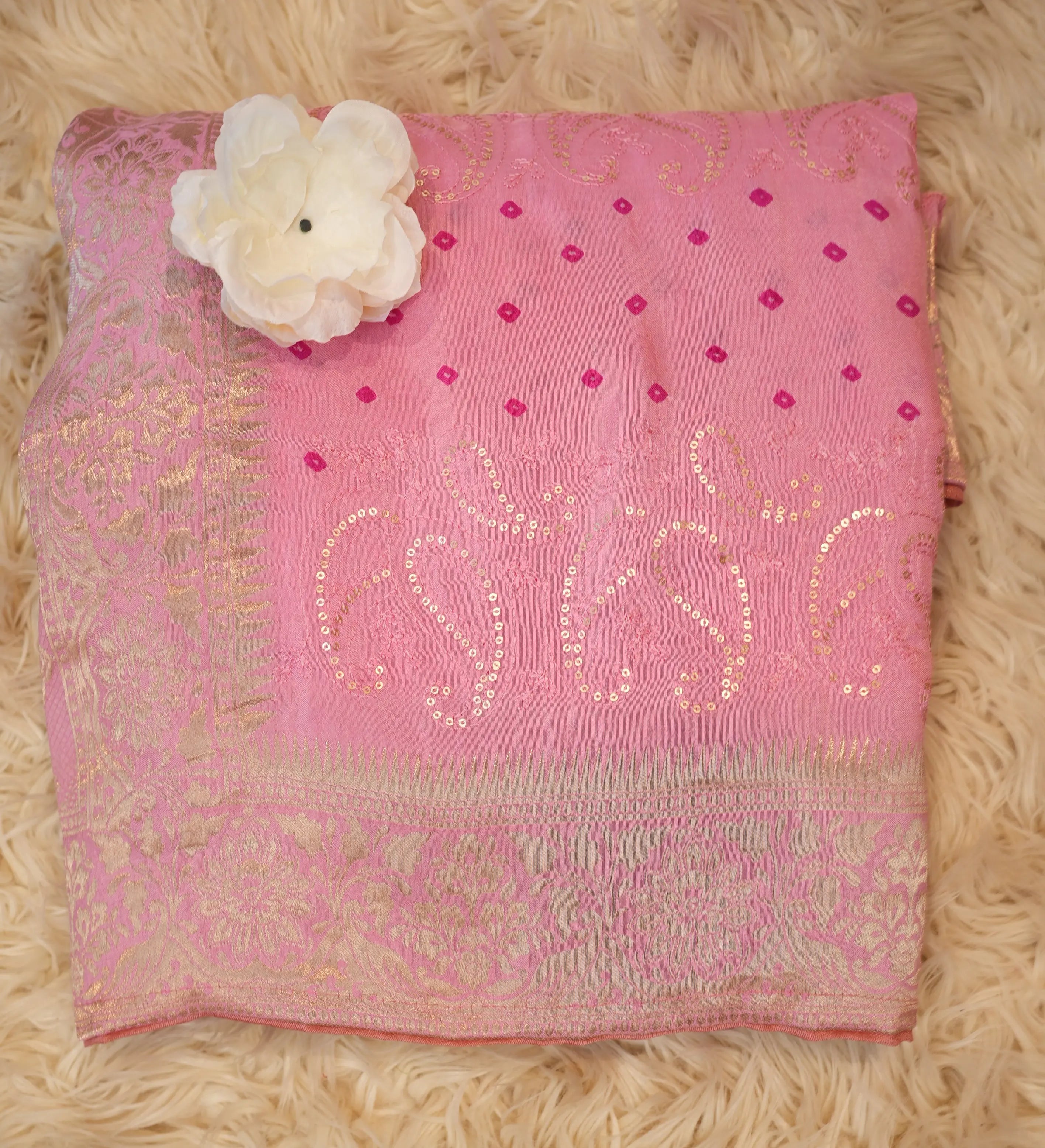 Designer Bandhani Saree with Sequence, Embroidery & Zari Border (With Blouse)