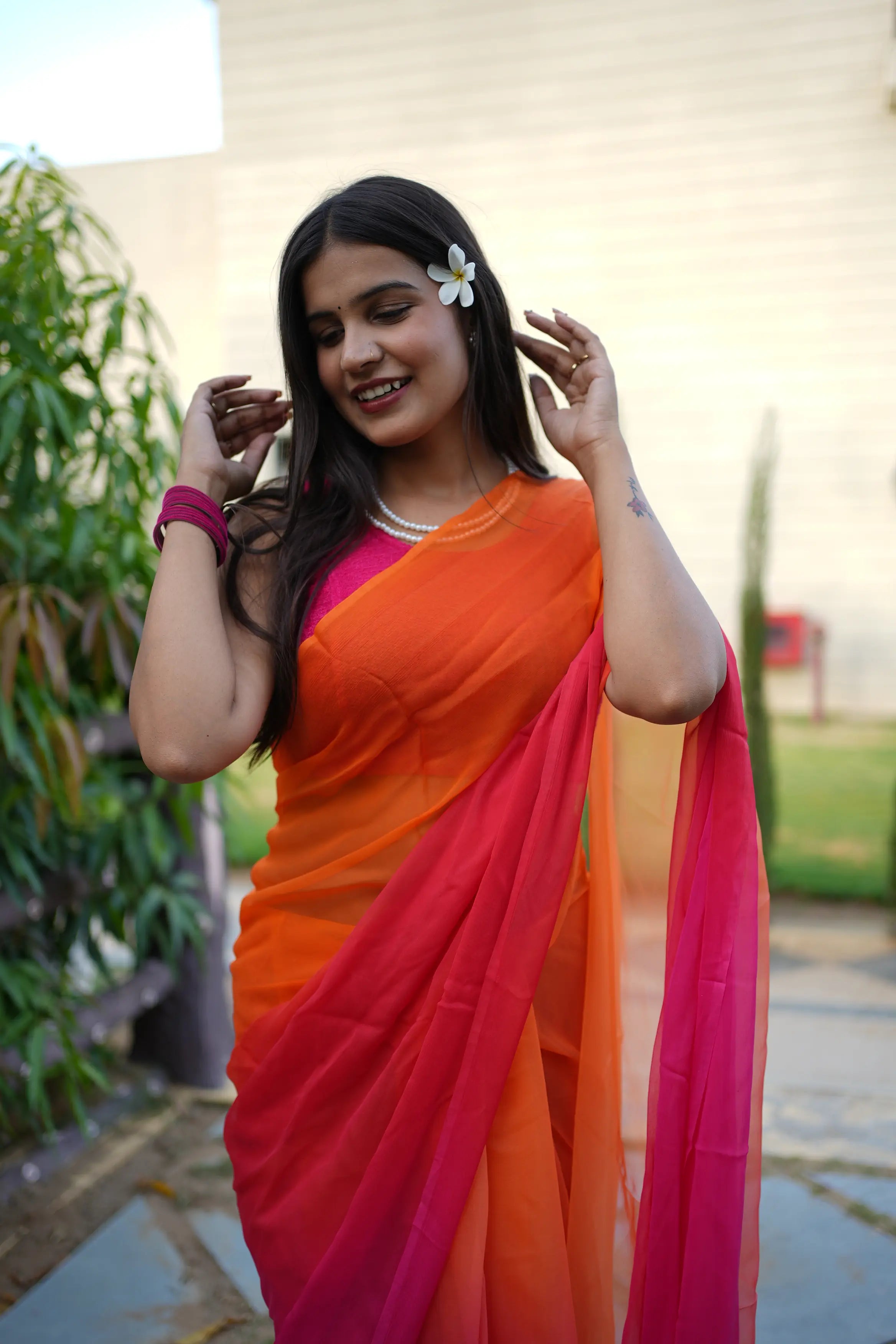 Radiant Sunset Dual-Tone Pure Chiffon Saree | Orange-Pink Ombre Drape