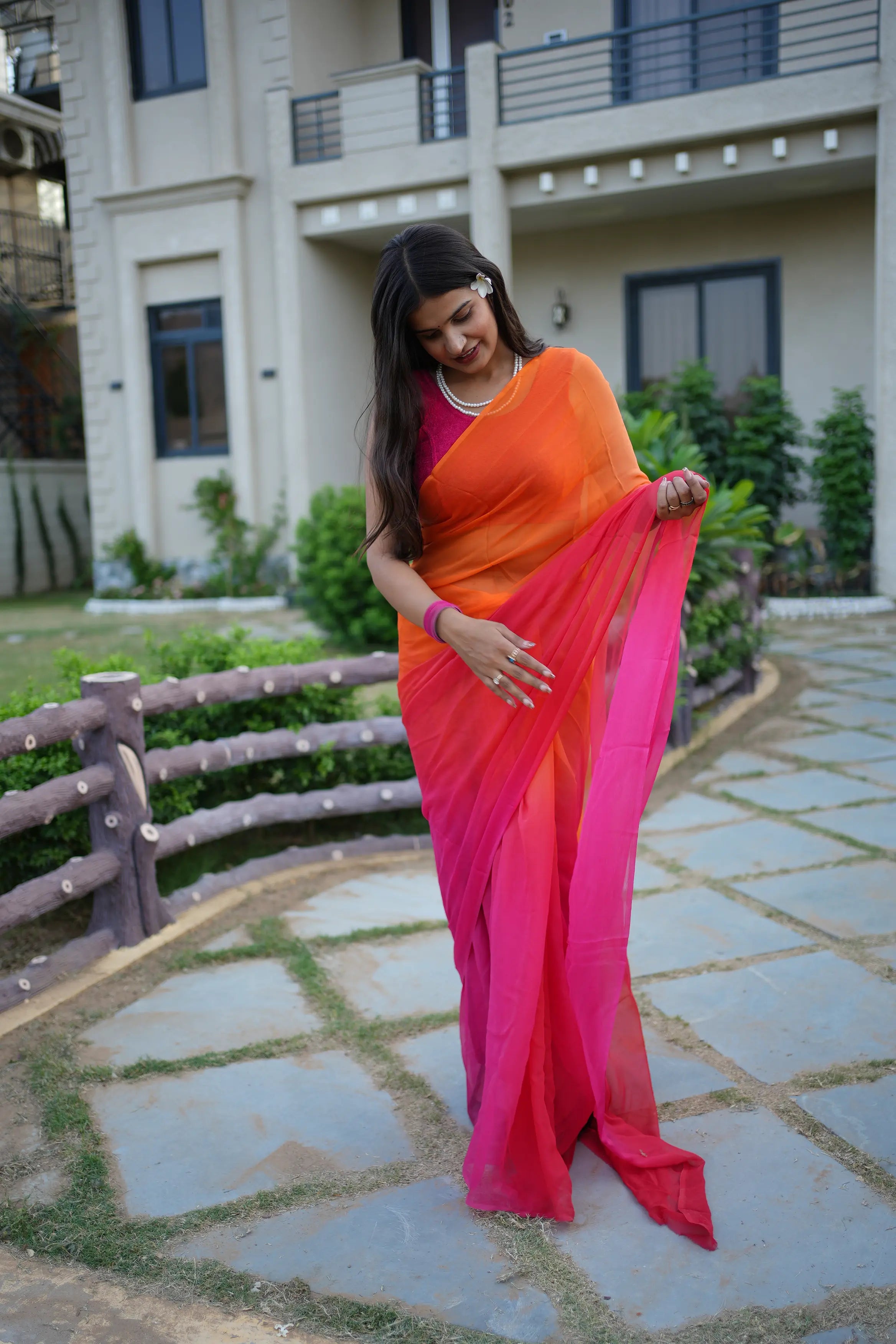 Radiant Sunset Dual-Tone Pure Chiffon Saree | Orange-Pink Ombre Drape
