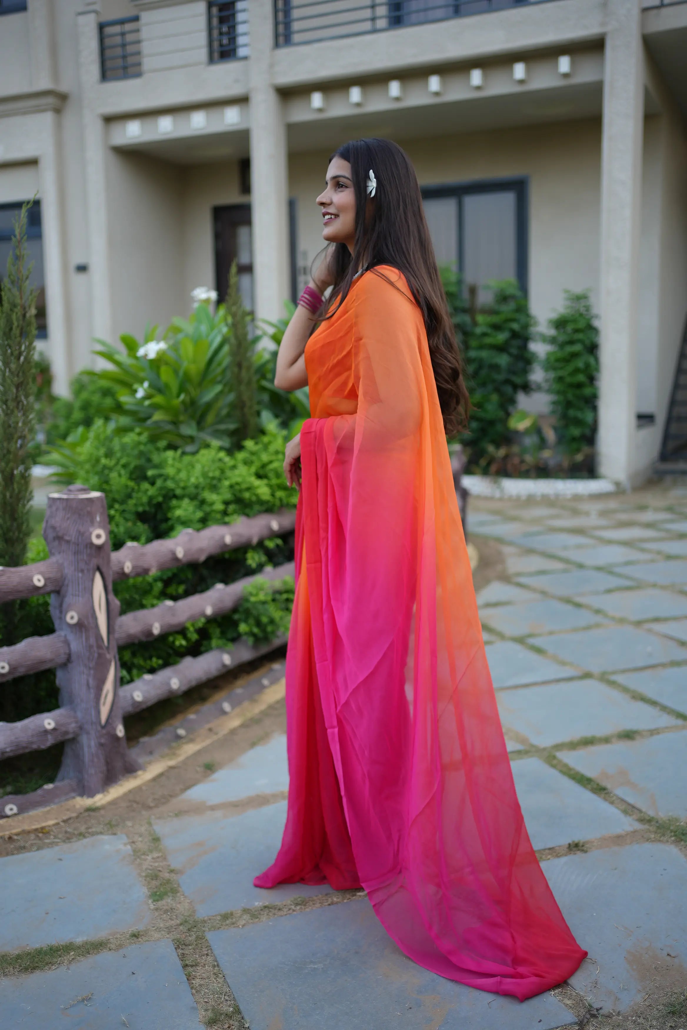 Radiant Sunset Dual-Tone Pure Chiffon Saree | Orange-Pink Ombre Drape