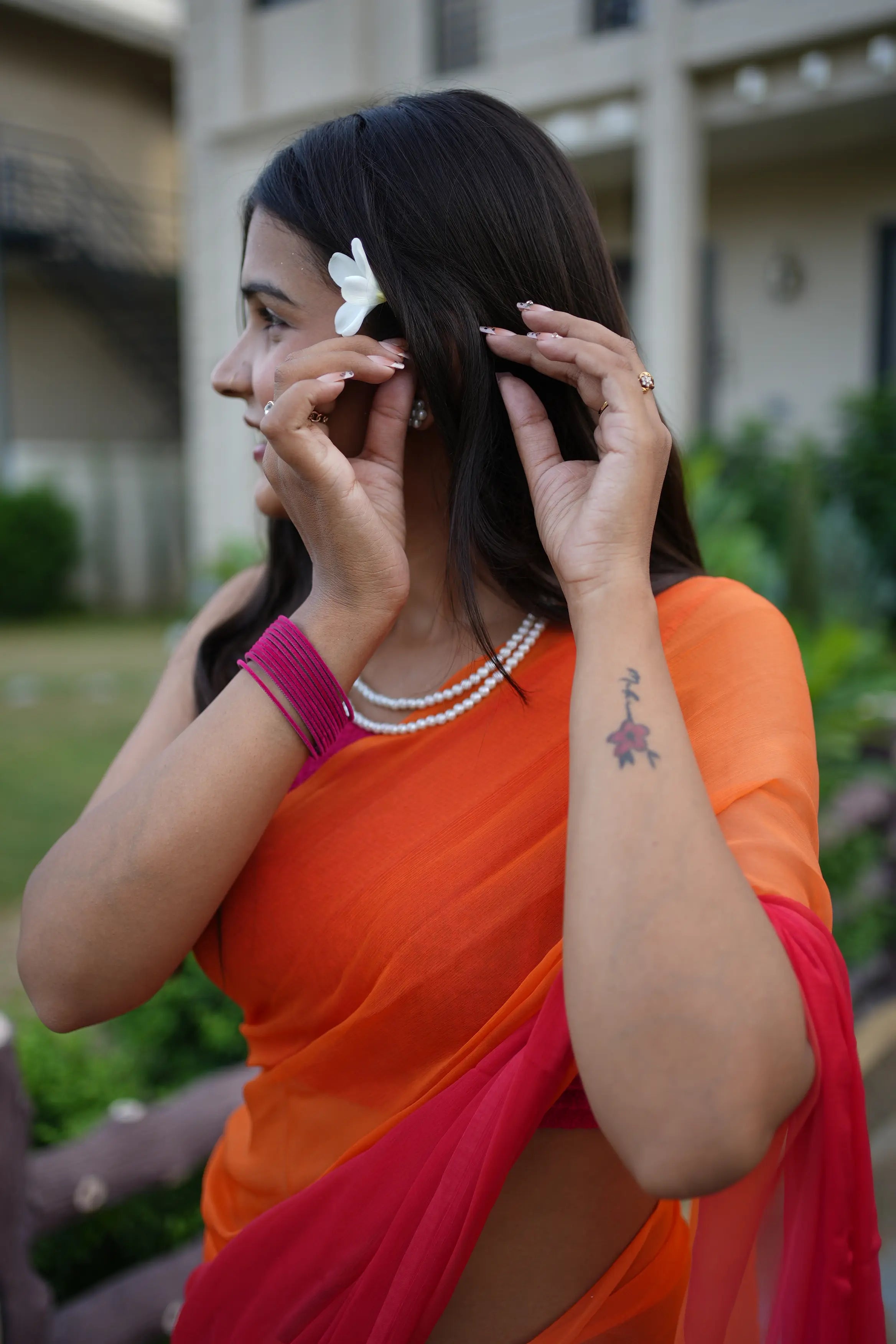 Radiant Sunset Dual-Tone Pure Chiffon Saree | Orange-Pink Ombre Drape