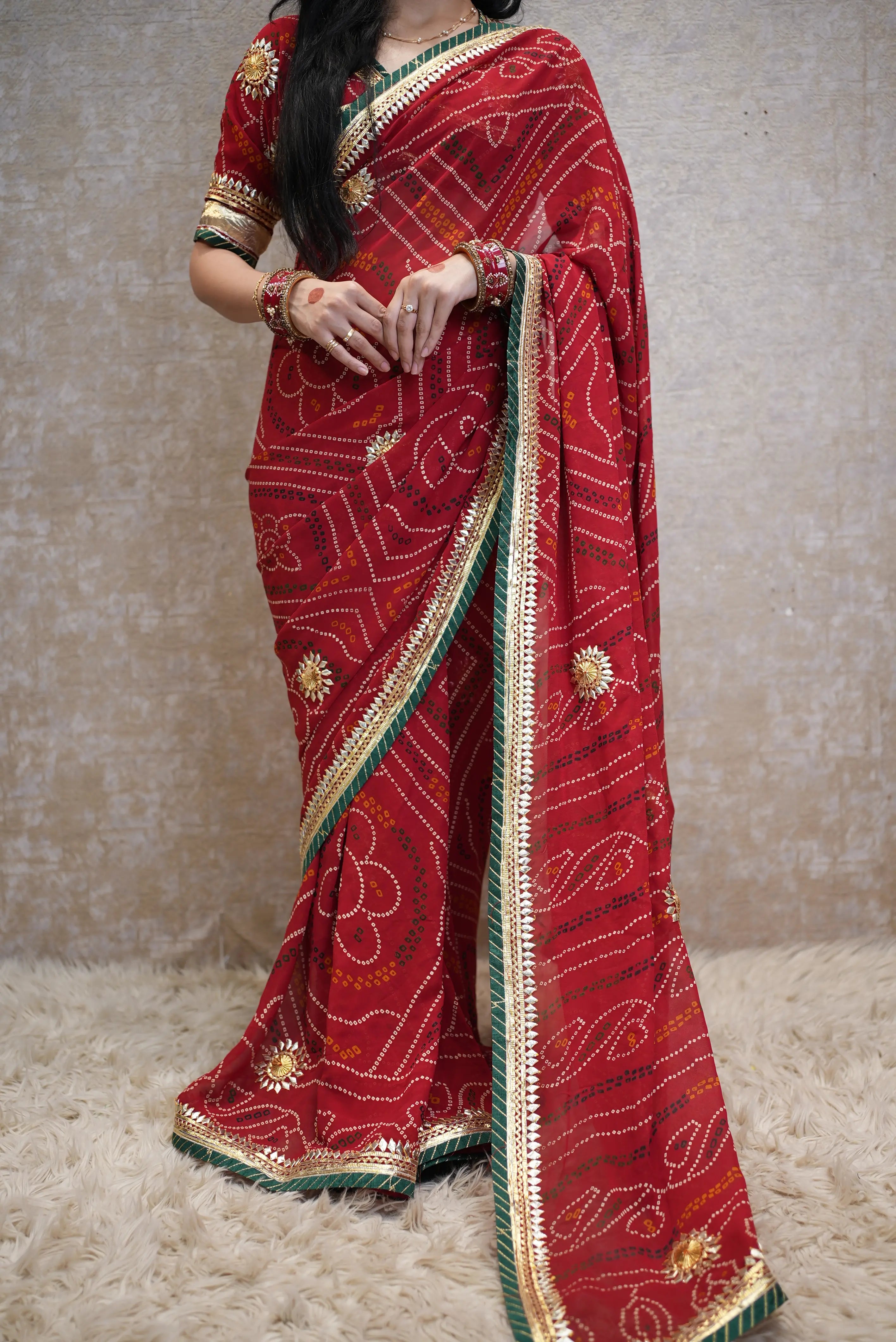 Traditional Chunri Saree With Kacchi Gota Patti Handwork