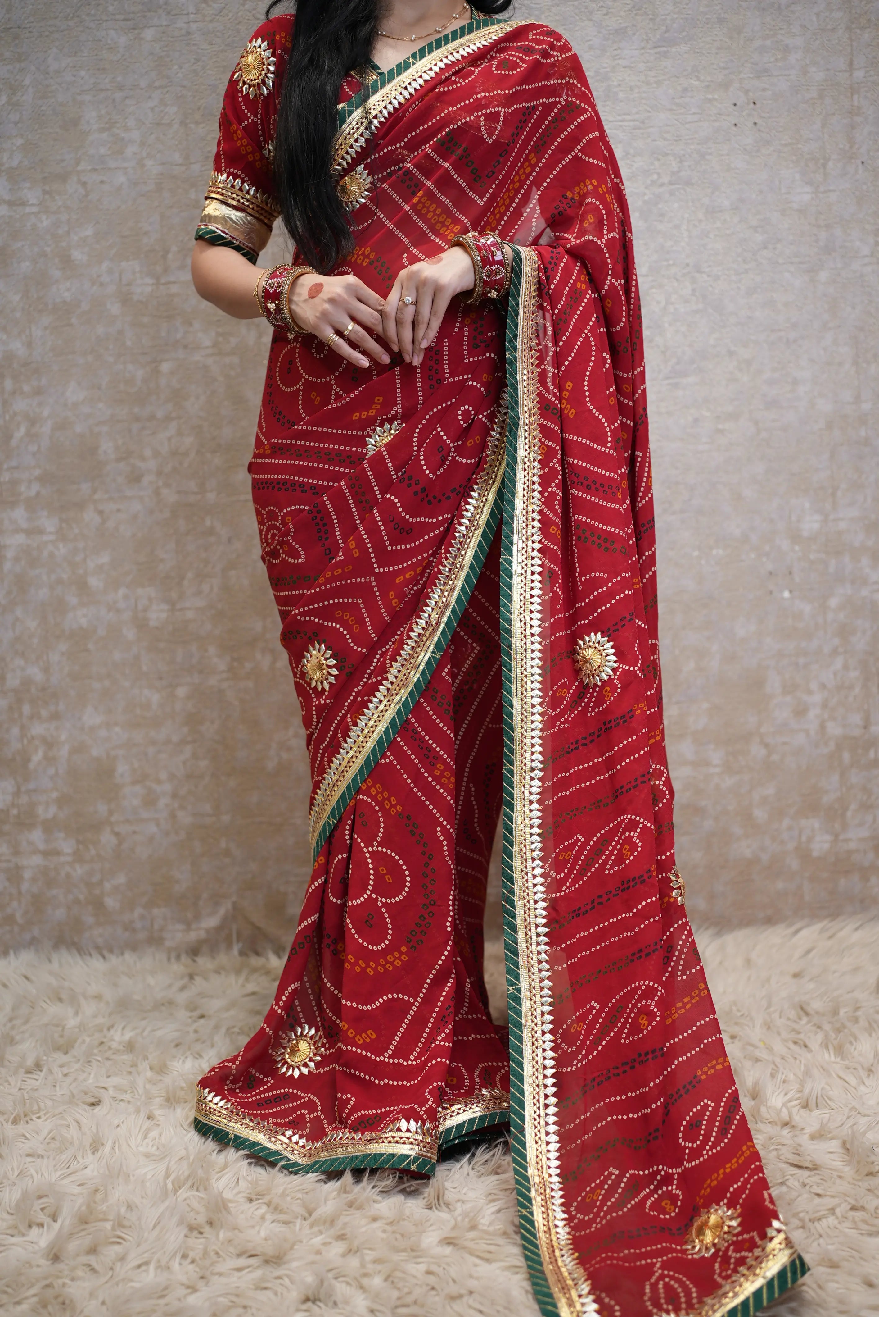 Traditional Chunri Saree With Kacchi Gota Patti Handwork