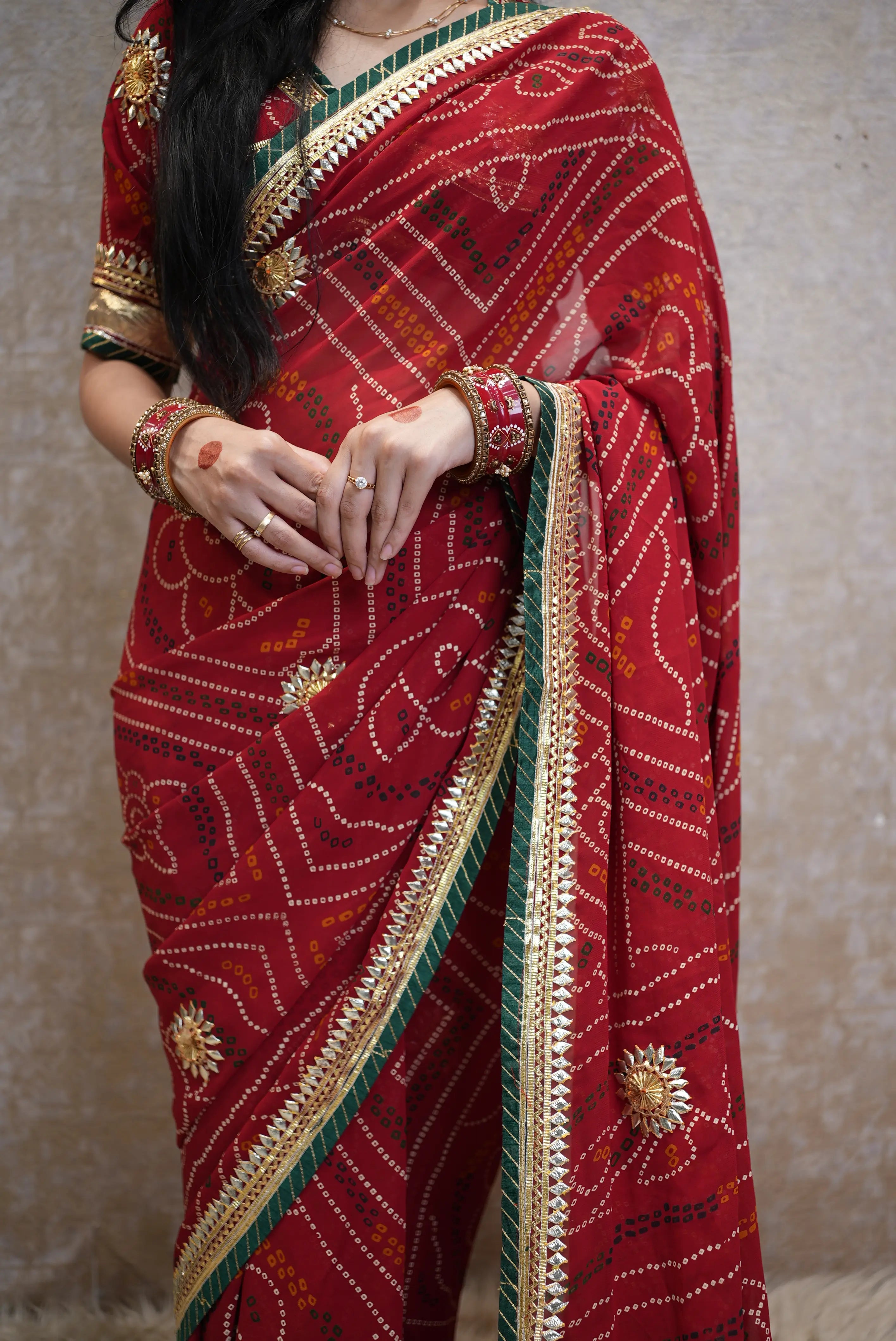 Traditional Chunri Saree With Kacchi Gota Patti Handwork