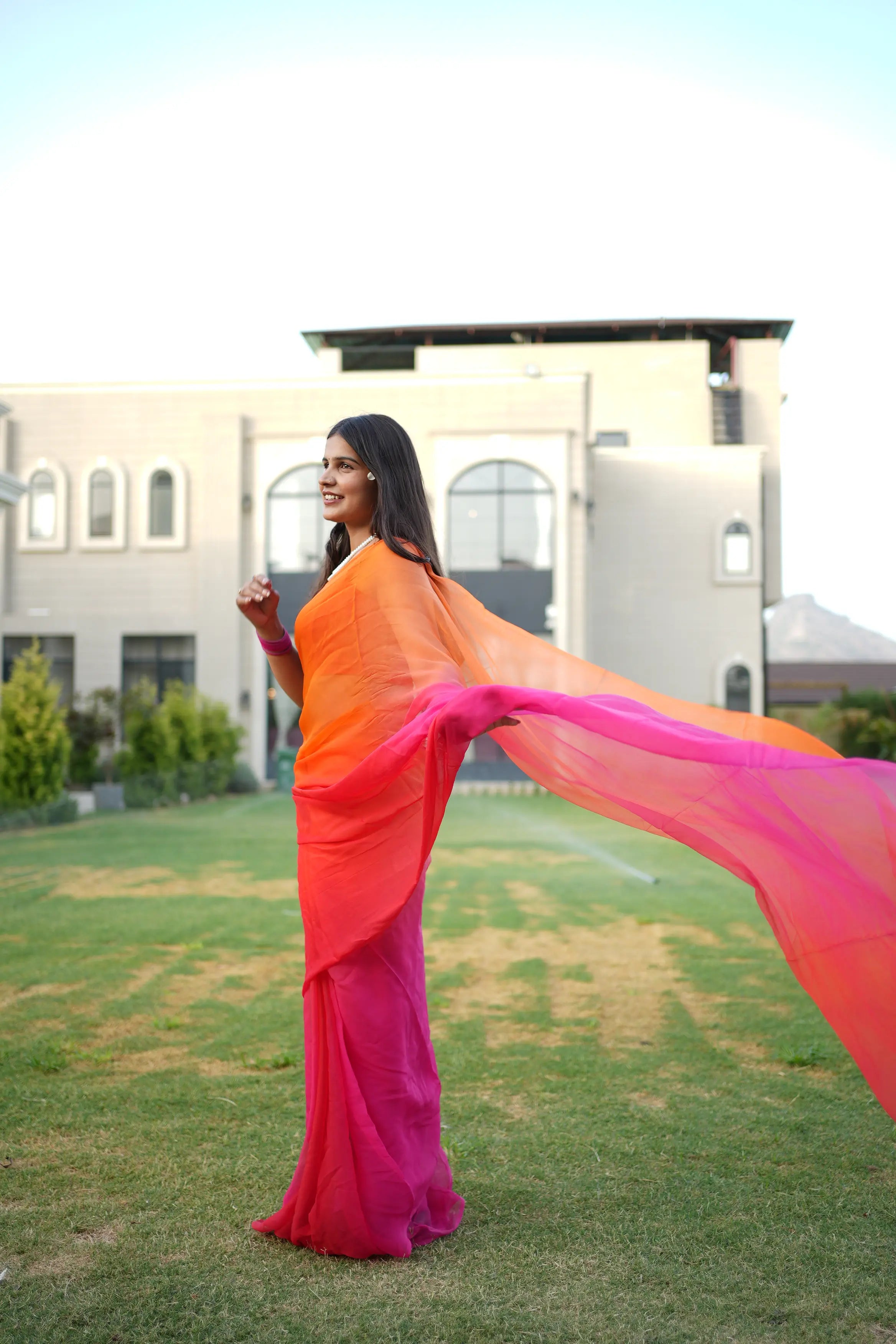 Radiant Sunset Dual-Tone Pure Chiffon Saree | Orange-Pink Ombre Drape