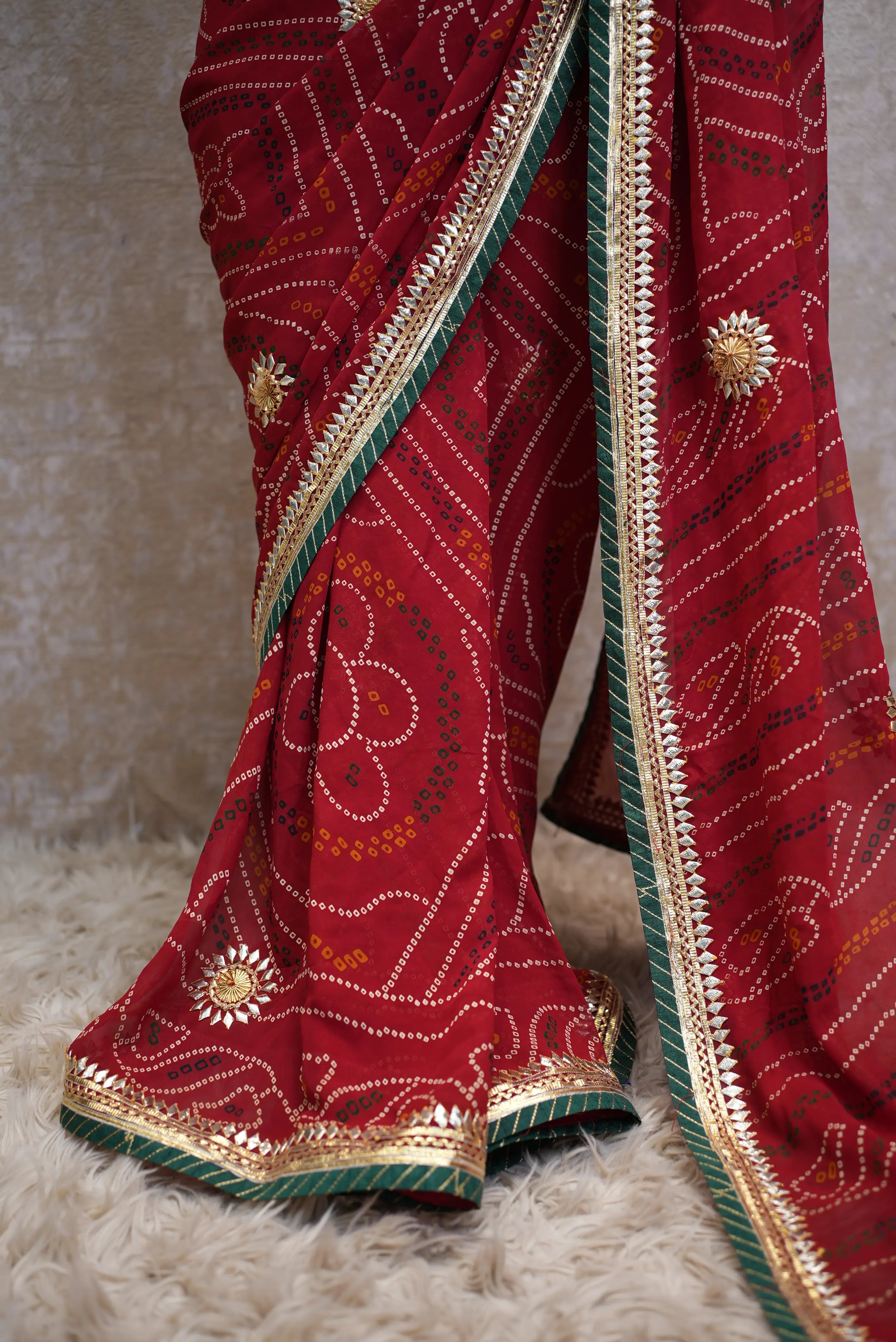 Traditional Chunri Saree With Kacchi Gota Patti Handwork