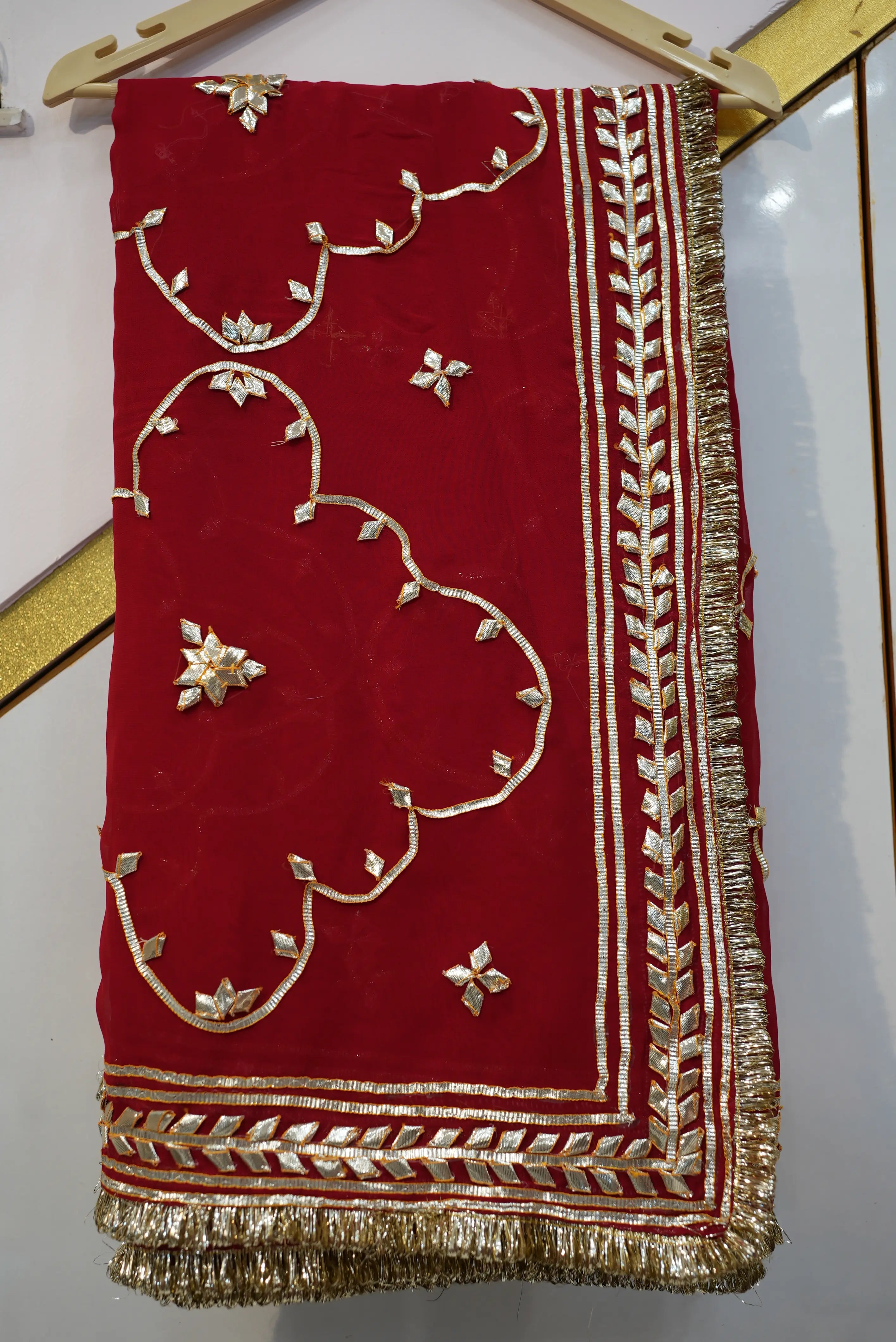 Customized Charkhi & Kachi Gota Patti Saree on Pure Georgette with Contrast Green Blouse